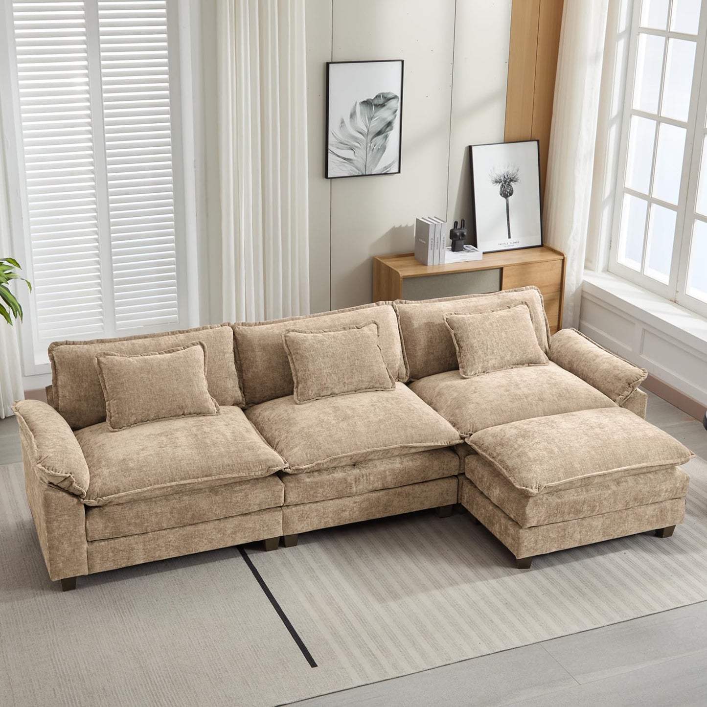 120" Modular Sectional Sofa, Comfy Cloud Couch Sectional Sofa with Ottoman, Chenille Sofa Sleeper Deep Seat Sofa with Throw Pillows for Living Room (Beige White, 120"- U Shape)