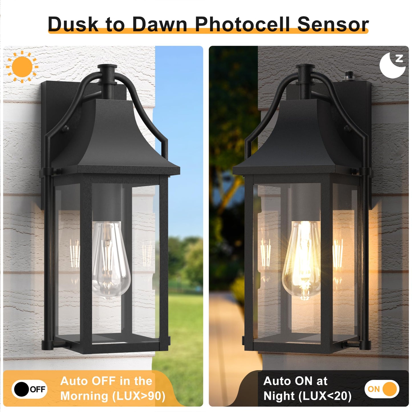 Outdoor Wall Lights Fixtures, Large Size Dusk to Dawn Waterproof Exterior Lanterns, Modern Porch Sconce Wall Mounted with Glass
