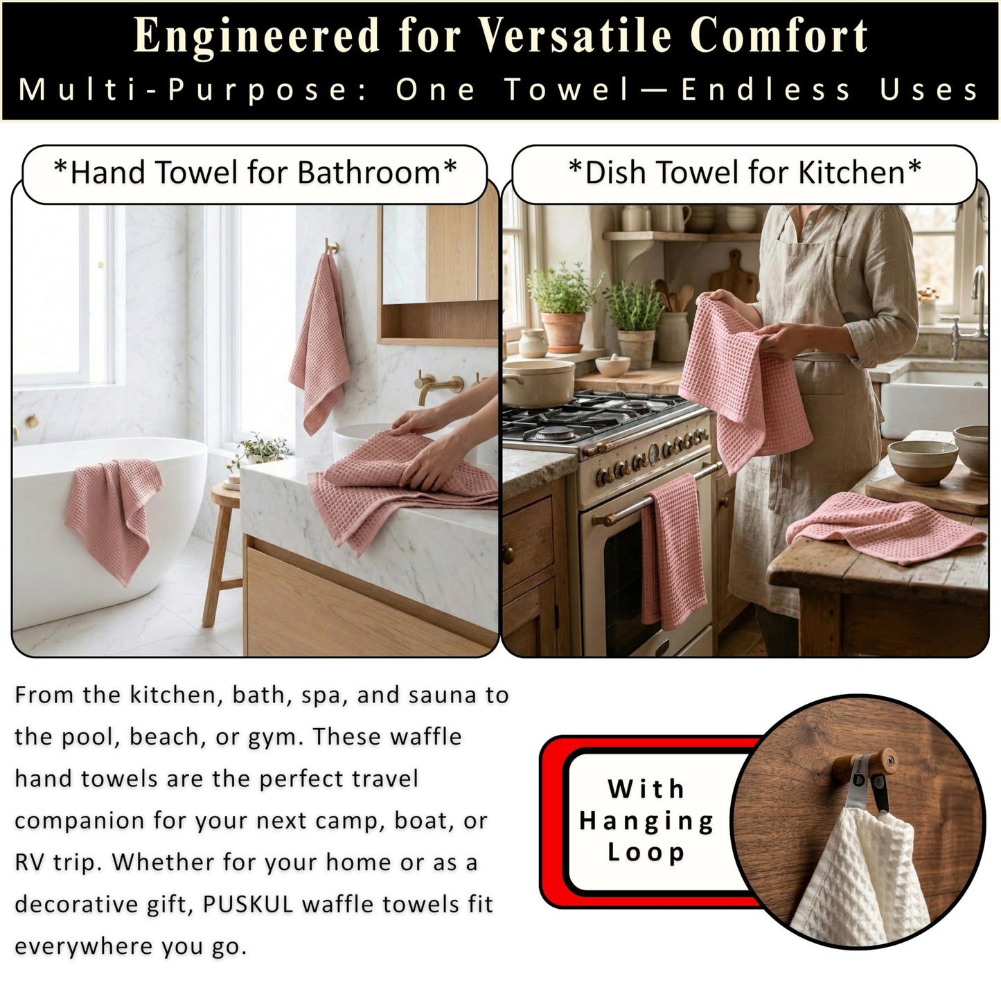 PÜSKÜL Organic Waffle Kitchen Towel Pure 100% Turkish Cotton Set of 3 Natural Raw-Undyed Towel - Premium Quality Soft Quick-Dry Absorbent Lint-Free Hand & Dish Towels Large 32X16 (3, Natural Beige)