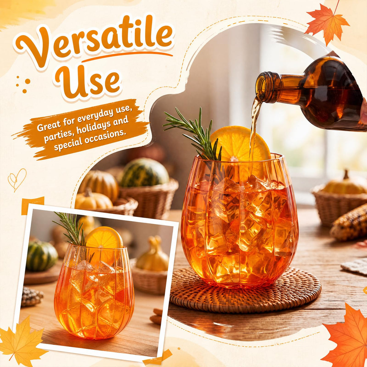 2 Pcs Fall Pumpkin Wine Glasses Stemless Glass Cups