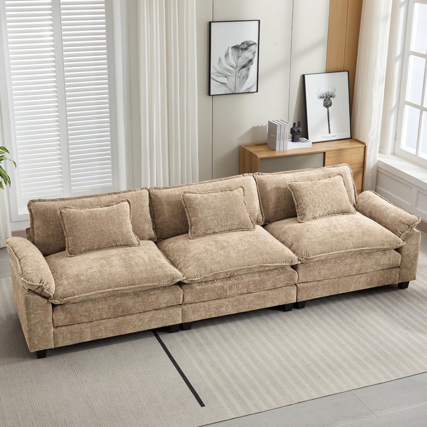 120" Modular Sectional Sofa, Comfy Cloud Couch Sectional Sofa with Ottoman, Chenille Sofa Sleeper Deep Seat Sofa with Throw Pillows for Living Room (Beige White, 120"- U Shape)