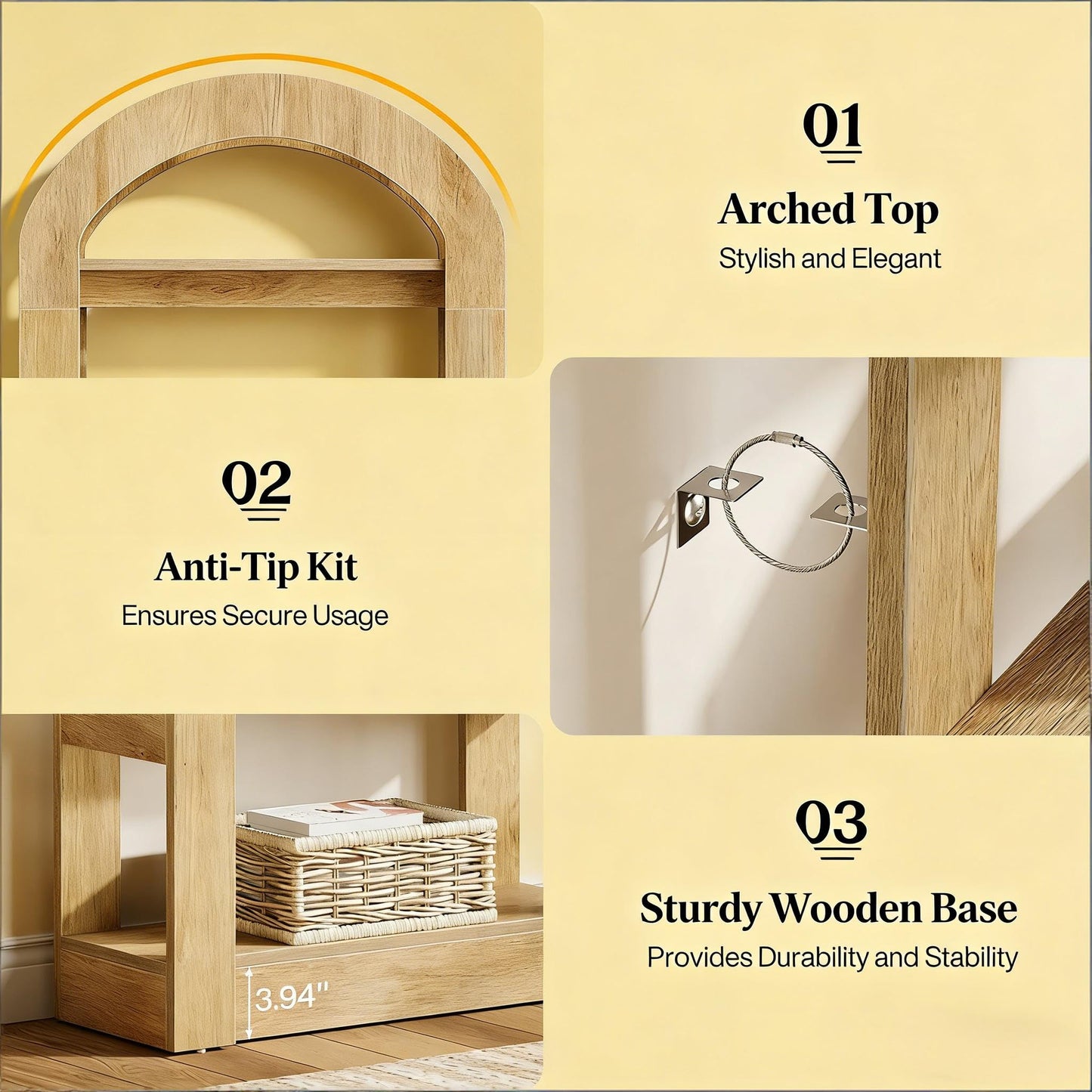 Arched 8 Tier Tall Bookshelf with Wood Back Panel
