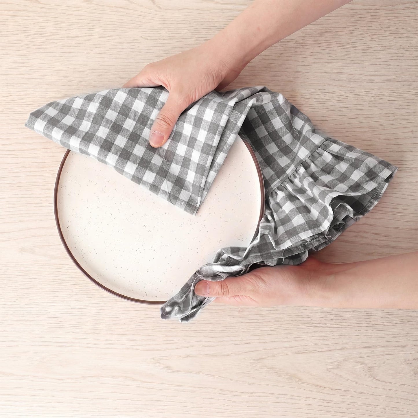 HunnmingRe Taupe Kitchen Towels Set of 2, 100% Cotton Ruffled Gingham Dish Towels 18"x28" Tea Cloths Classic Plaid Pattern for Farmhouse Charm, Drying Dishes, Entertaining Guests