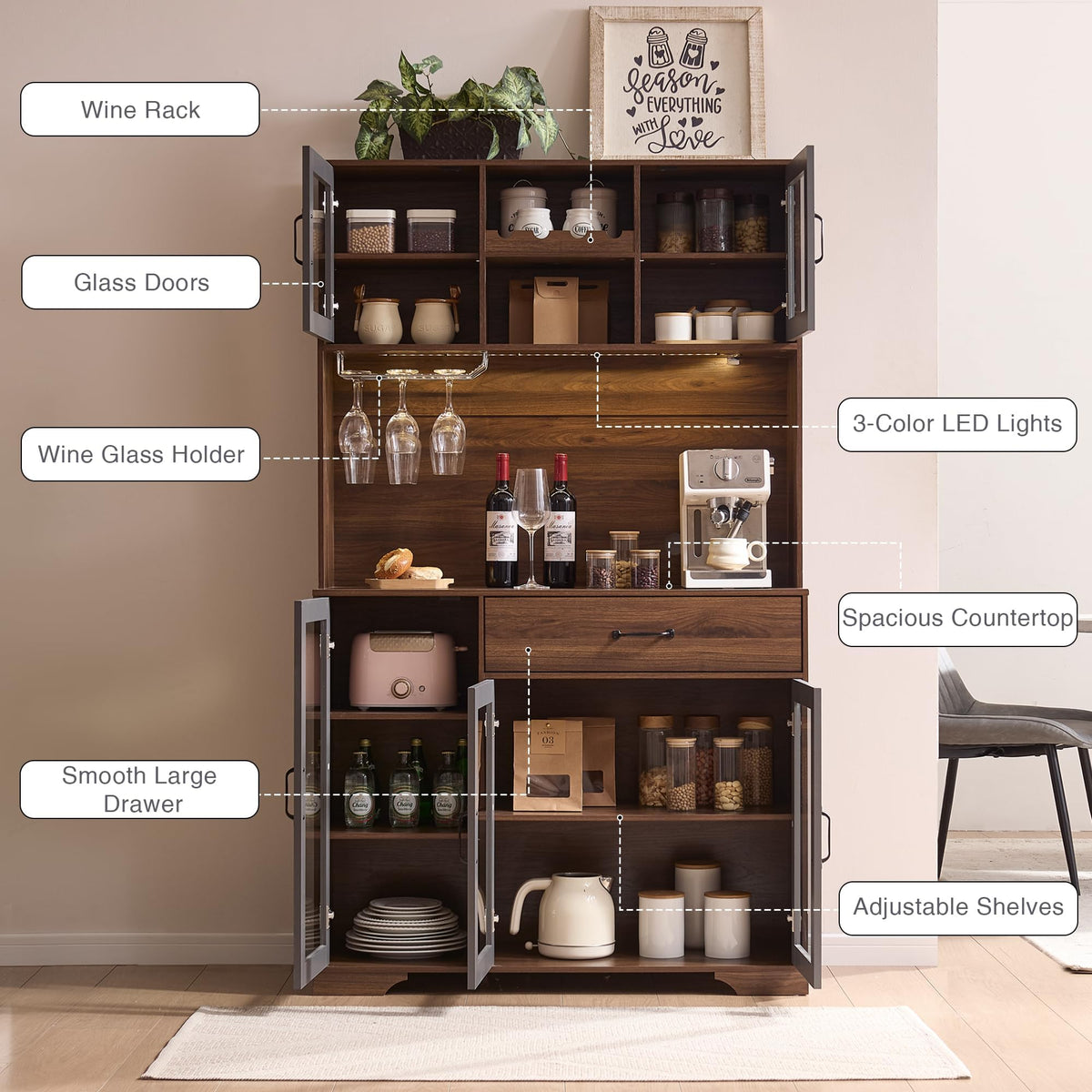 71" Cabinet with Wine Rack and Charging Station, Set of 2