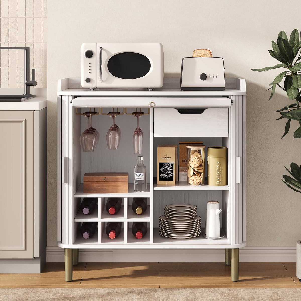 33" H Fluted Bar Cabinet with Storage, Wine Cabinet