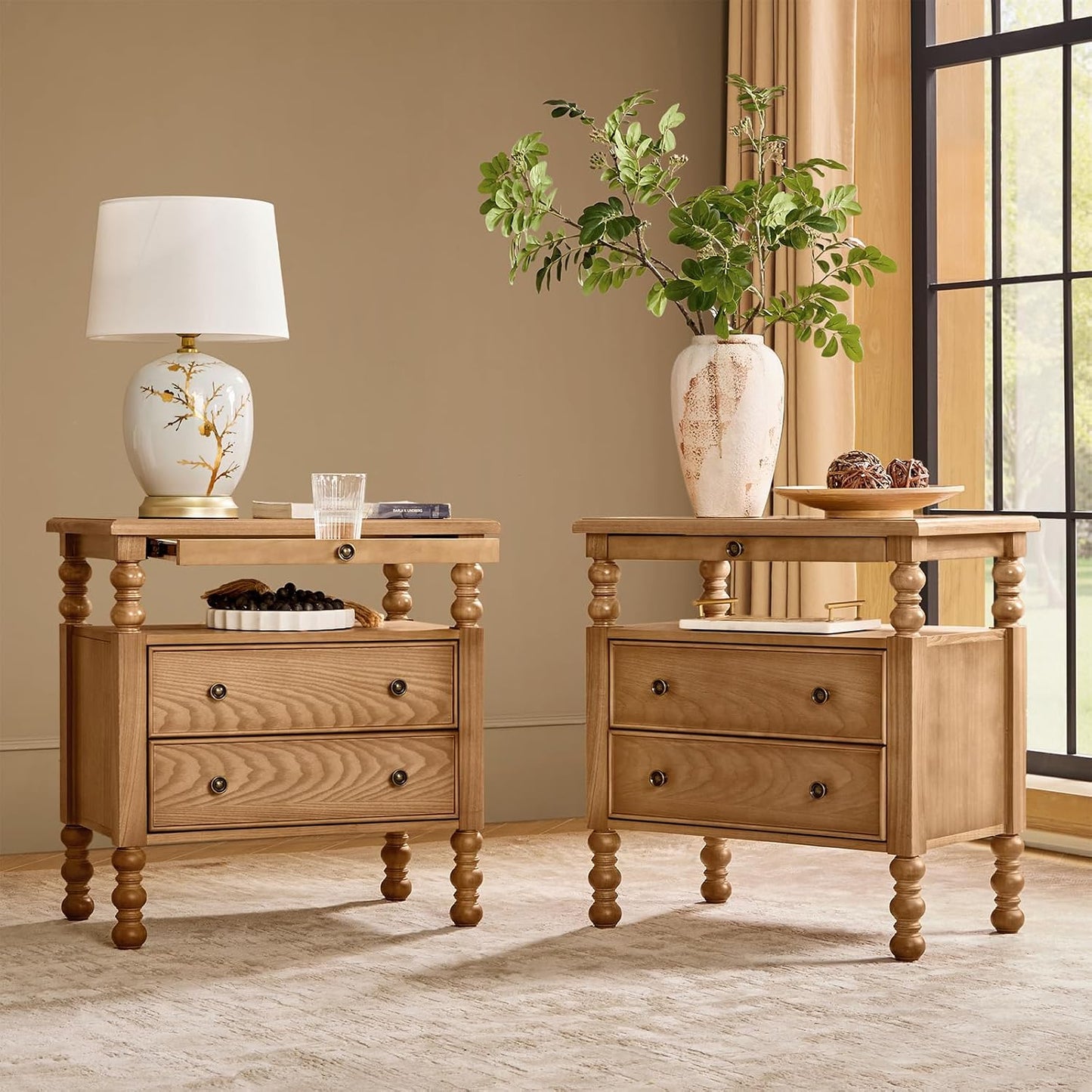 26" End Table with Charging Station and Transitional 2 Drawer Wood