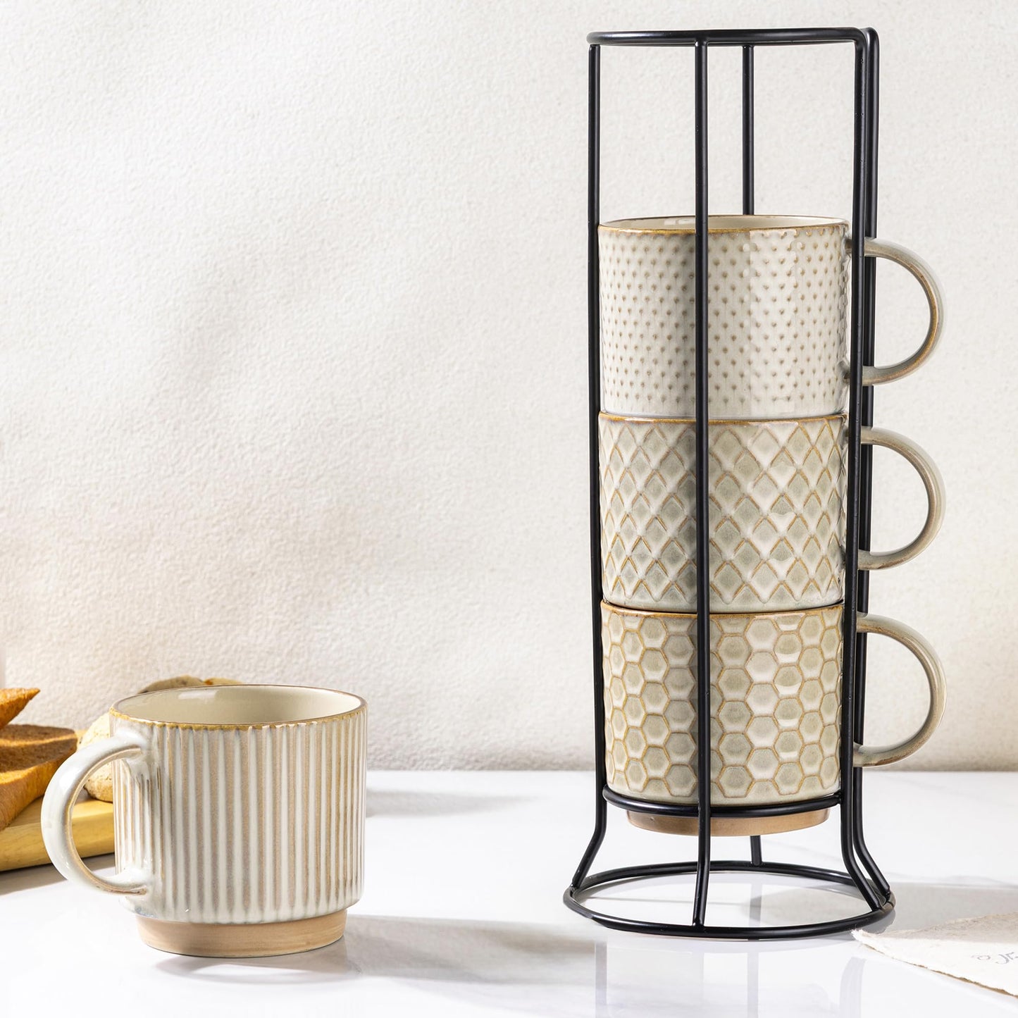 GBhome 12OZ Stackable Coffee Mugs, Ceramic Coffee Mugs with Texture Patterns for Man,Woman,Dad,Mom, Modern Coffee Mugs Set of 4 for Latte/Cappuccino/Cocoa. Dishwasher&Microwave Safe, Pale Khaki