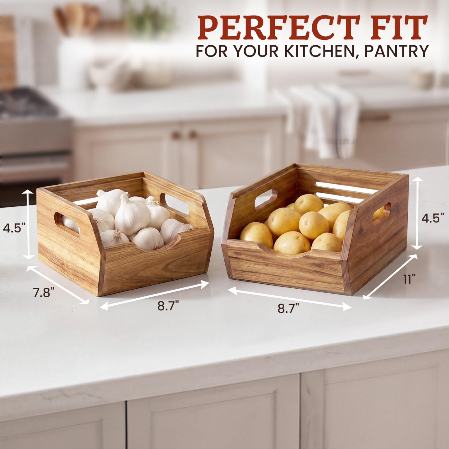 HOMESTEAD Stackable Solid Wood Storage Bins for Kitchen Pantry & Countertop, Ventilated Potato and Onion Basket Organizer with Handles, Wooden Produce Storage Containers, 3-Pack, Chestnut Finish