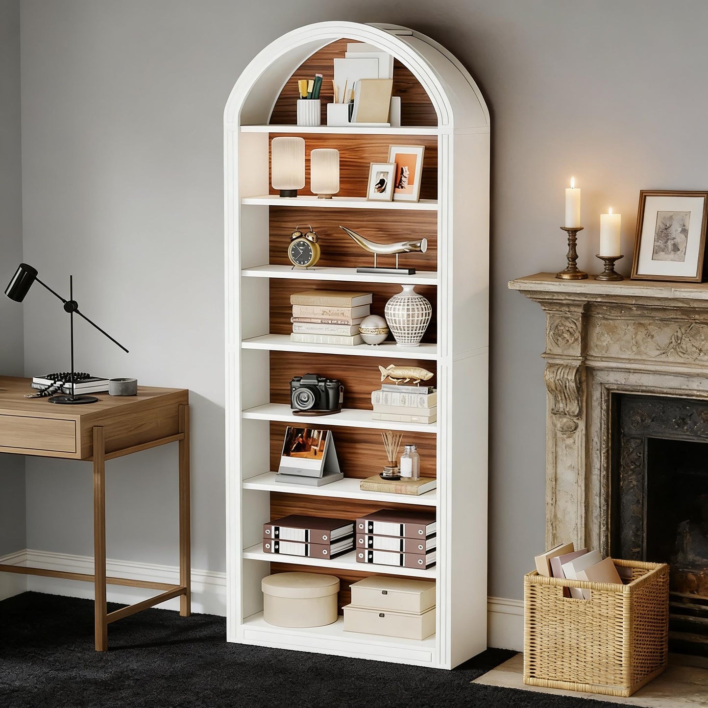 Arched 8 Tier Tall Bookshelf with Wood Back Panel