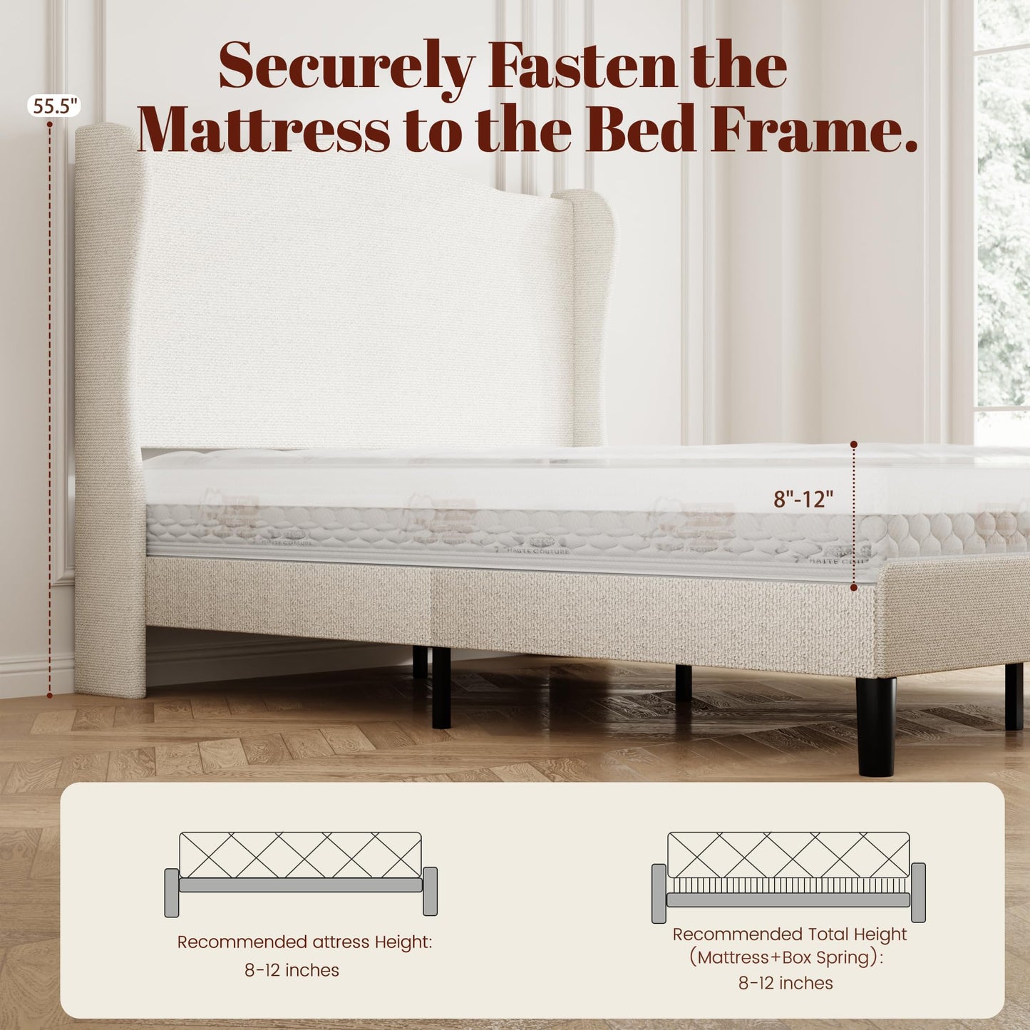 King Bed Frame with Extra Tall 55.5" Wingback Headboard, White Boucle Upholstered Platform Bed Frame, Modern Cloud Bed, Noise-Free, Metal Slats Support, No Box Spring Needed