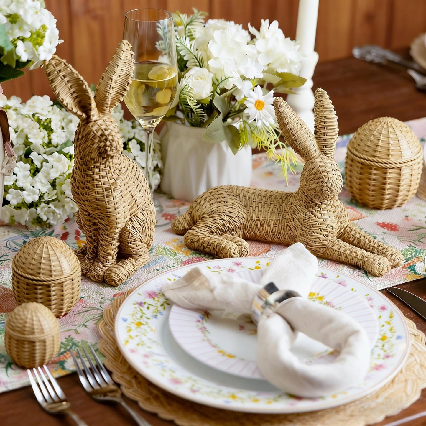 Easter Decorations for Home – 5 Pieces Rattan Effect Bunny & Egg Set, Easter Bunny Figurines with Rattan Decor Style for Easter Table Decor & Spring Home Decorations