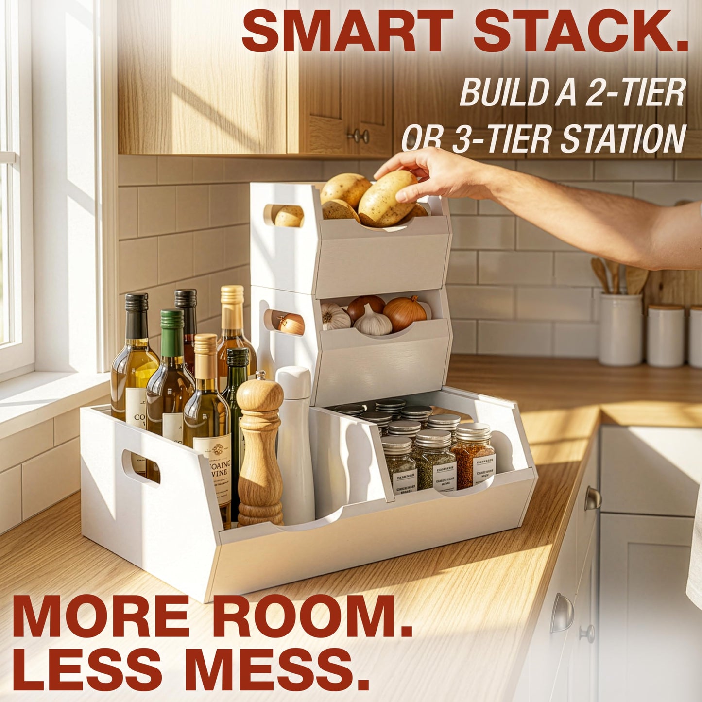 HOMESTEAD Stackable Solid Wood Storage Bins for Kitchen Pantry & Countertop, Ventilated Potato and Onion Basket Organizer with Handles, Wooden Produce Storage Containers, 3-Pack, Chestnut Finish