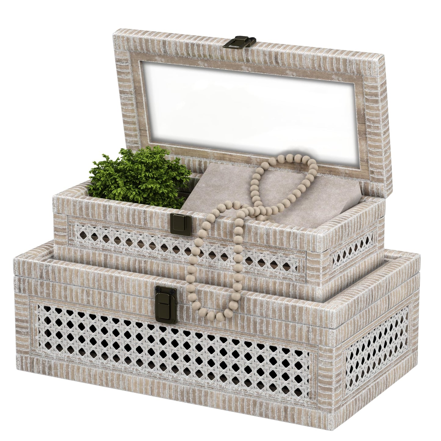 Rattan Decorative Box,Boho Display Boxes with Lids,Set of 2 Rectangular Wicker Storage Decoration,Natural Woven Cane Bins for Home Decor for Rustic Farmhouse(Yellow and Black)