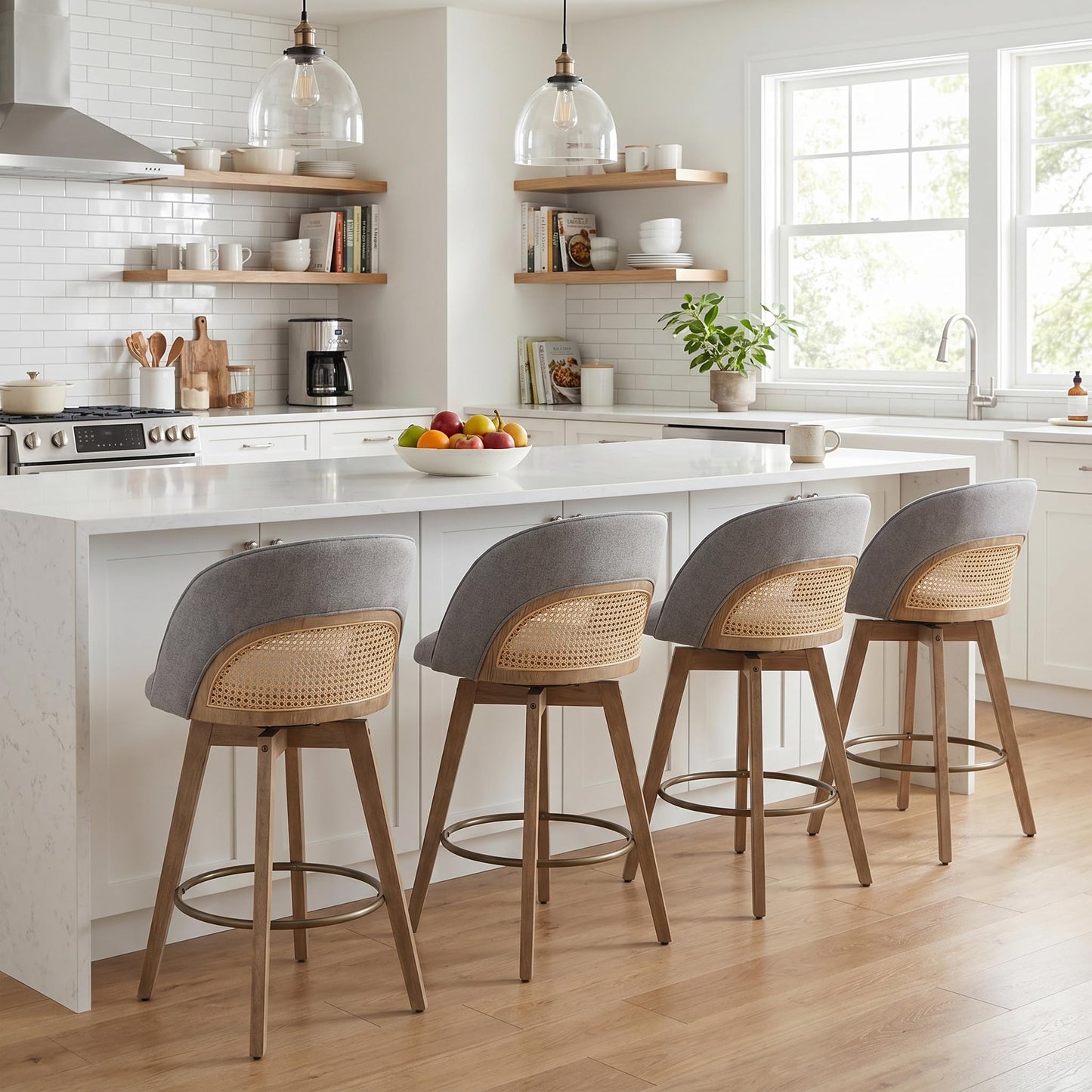 EALSON Bar Stools Set of 4, 26" Swivel Barstools with Rattan Backrest, Modern Faux Leather Upholstered Counter Height Bar Stools with Wood Legs & Bronze Footrest for Kitchen Island/Living Room, Brown