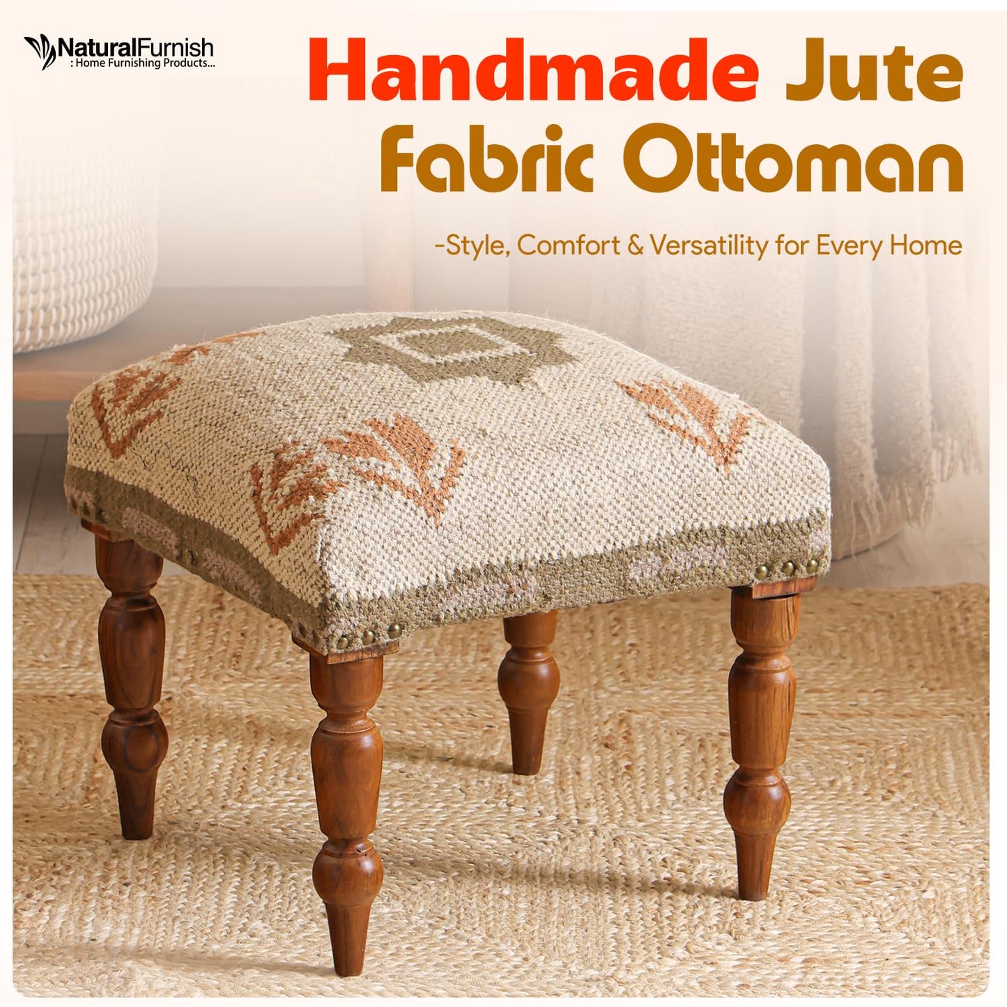 Handmade Jute Ottoman Stool with Wooden Legs