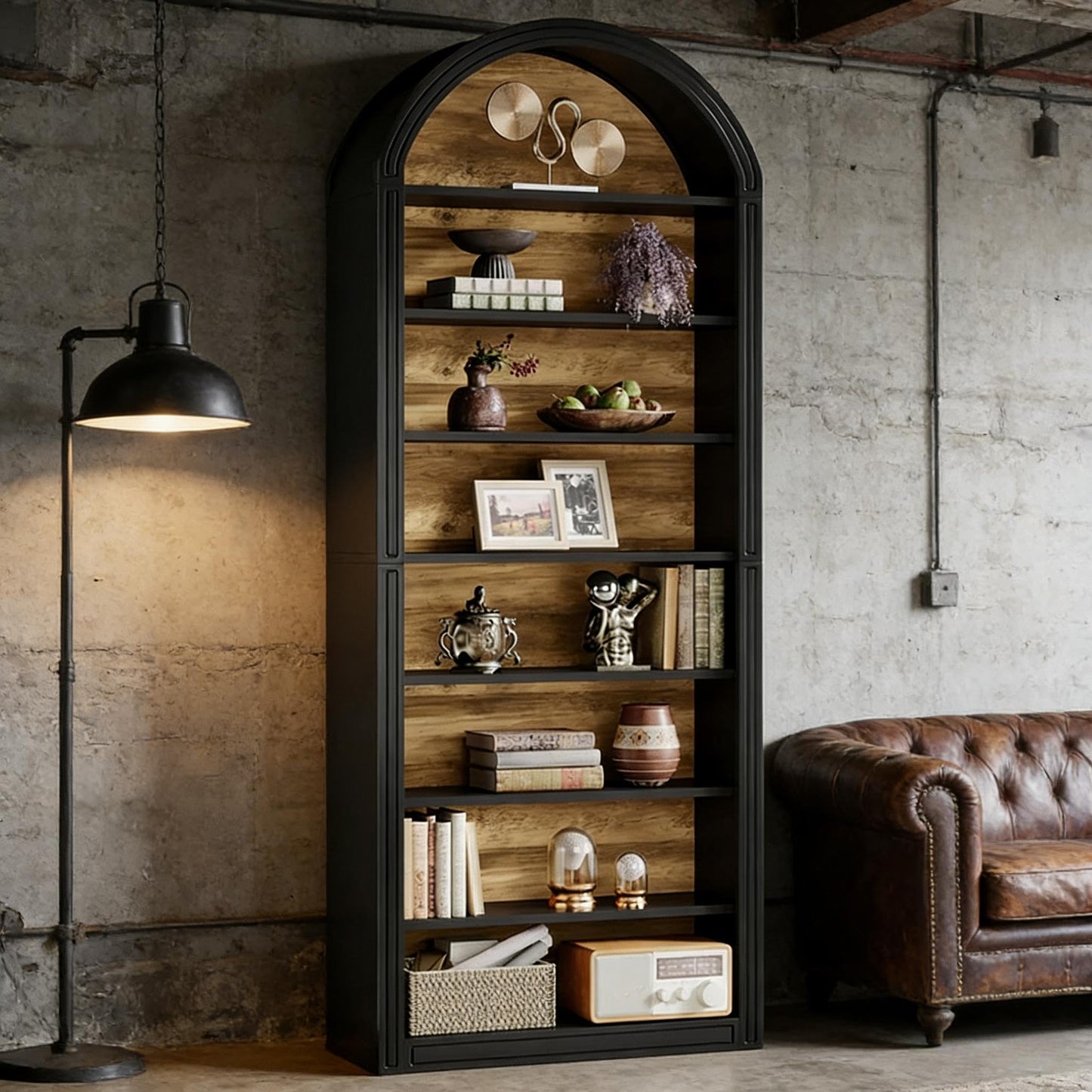 Arched 8 Tier Tall Bookshelf with Wood Back Panel