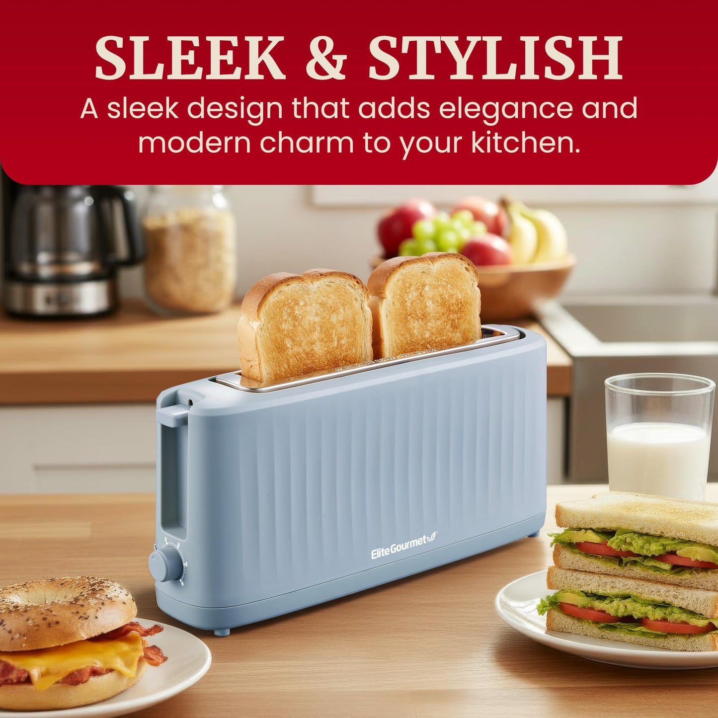 Elite Gourmet ECT2517C SLIMTOAST™ 2-Slice Long Slot Toaster, Cool-Touch Body, 6 Browning Shades, Extra-Wide 1.5" Slot for Artisan Bread, Bagels, Waffles & English Muffins, Cremello