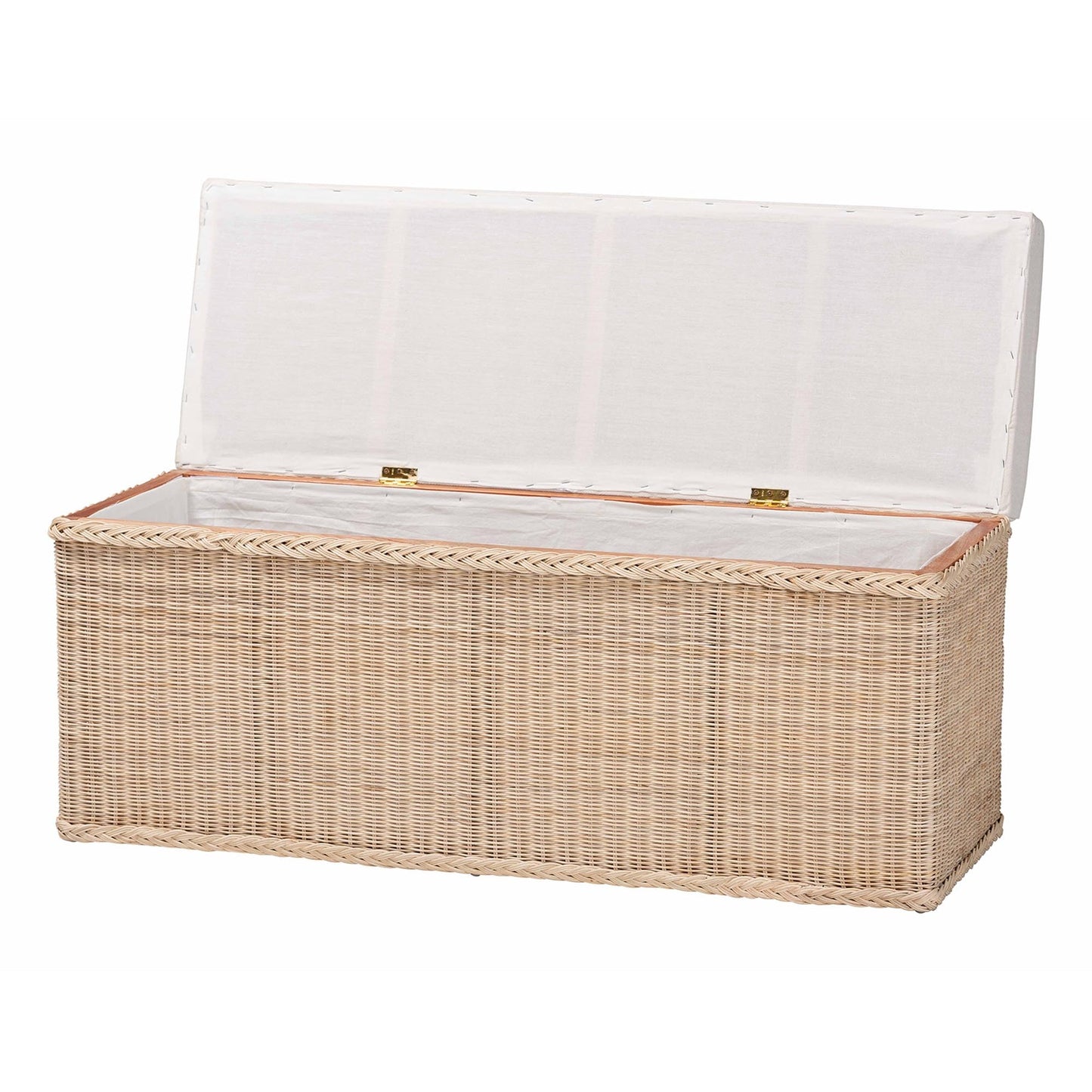 Braided Natural Rattan Storage Bench with Cushioned Lift-Top Lid