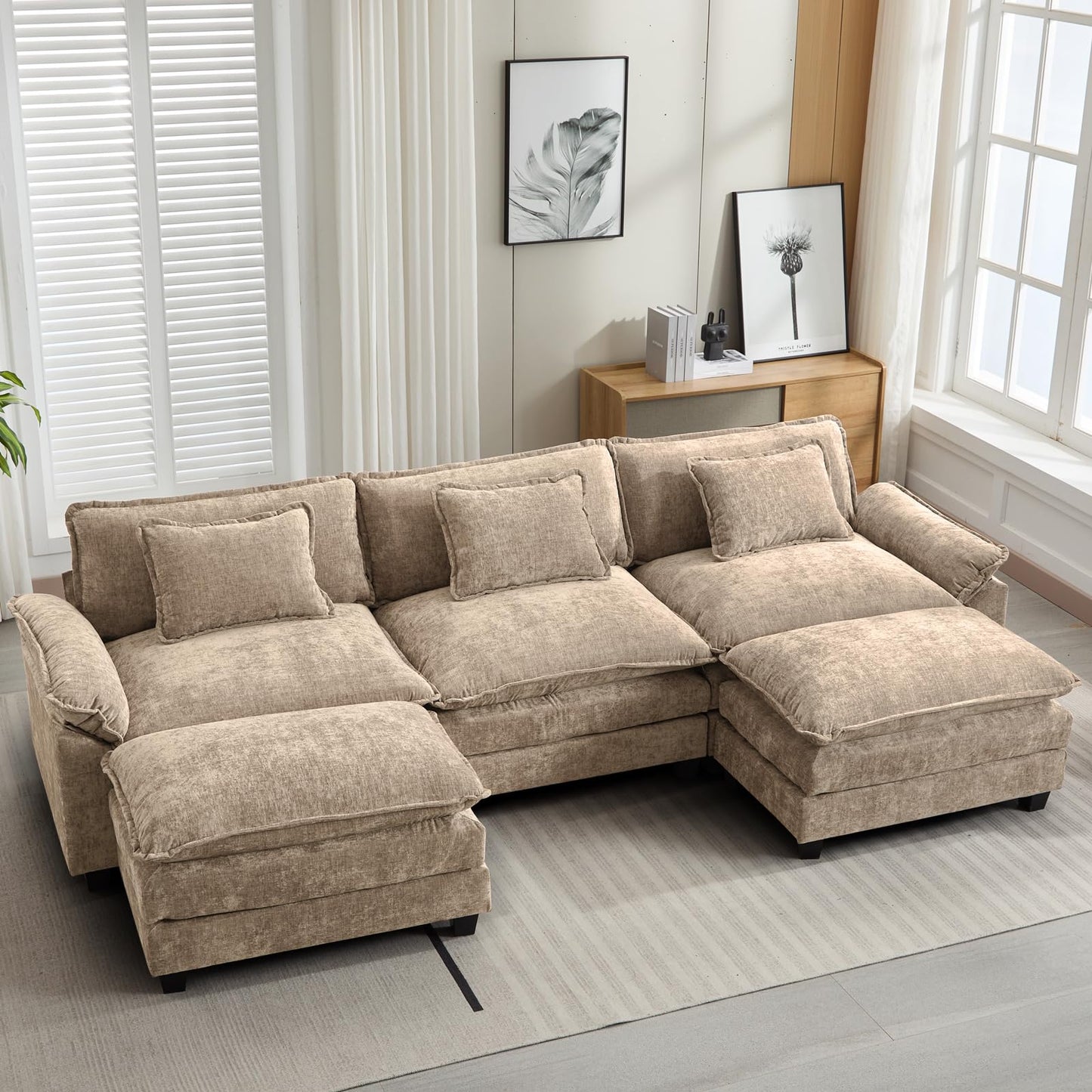 120" Modular Sectional Sofa, Comfy Cloud Couch Sectional Sofa with Ottoman, Chenille Sofa Sleeper Deep Seat Sofa with Throw Pillows for Living Room (Beige White, 120"- U Shape)