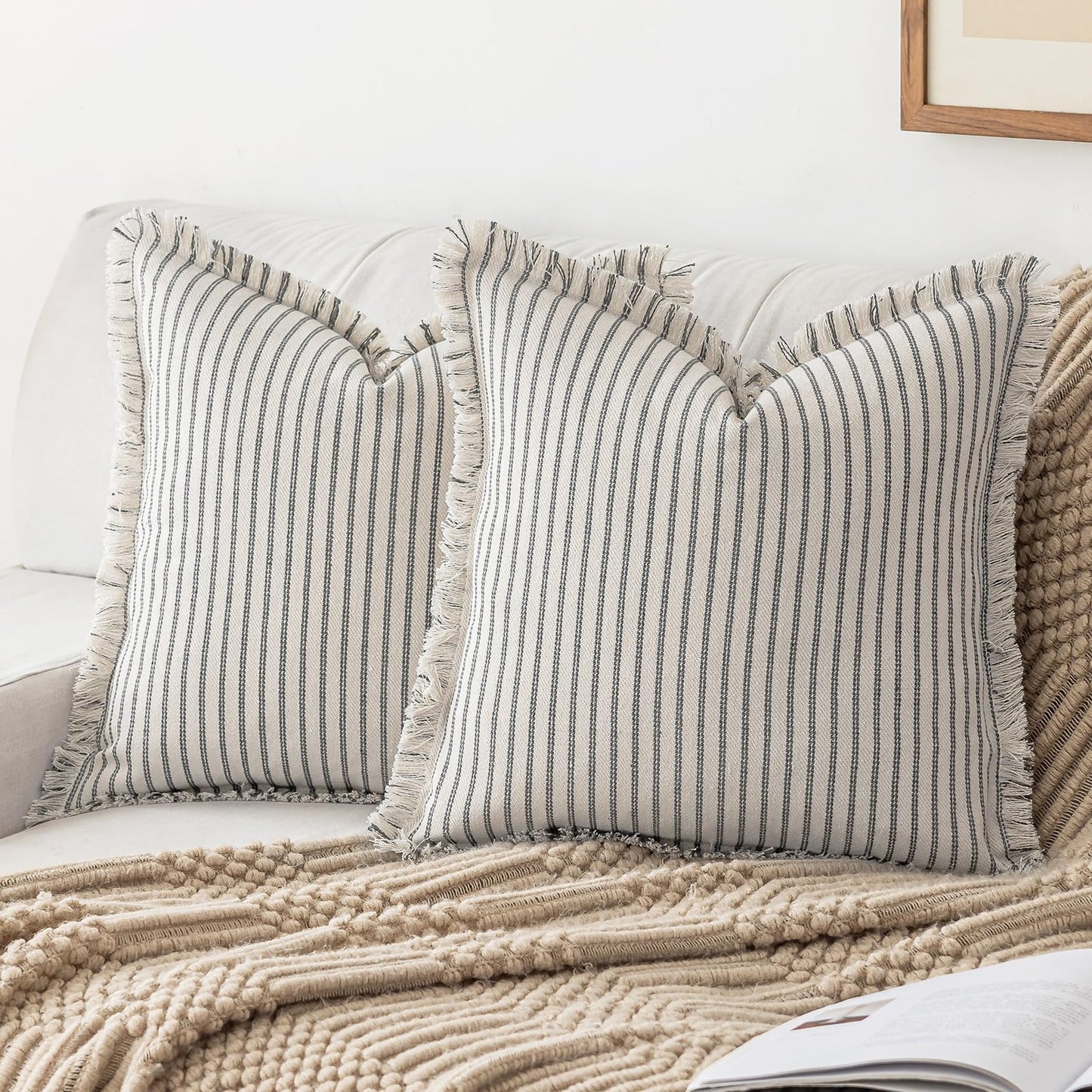 Throw Pillow Covers 18x18 Set of 2 Striped Fringe