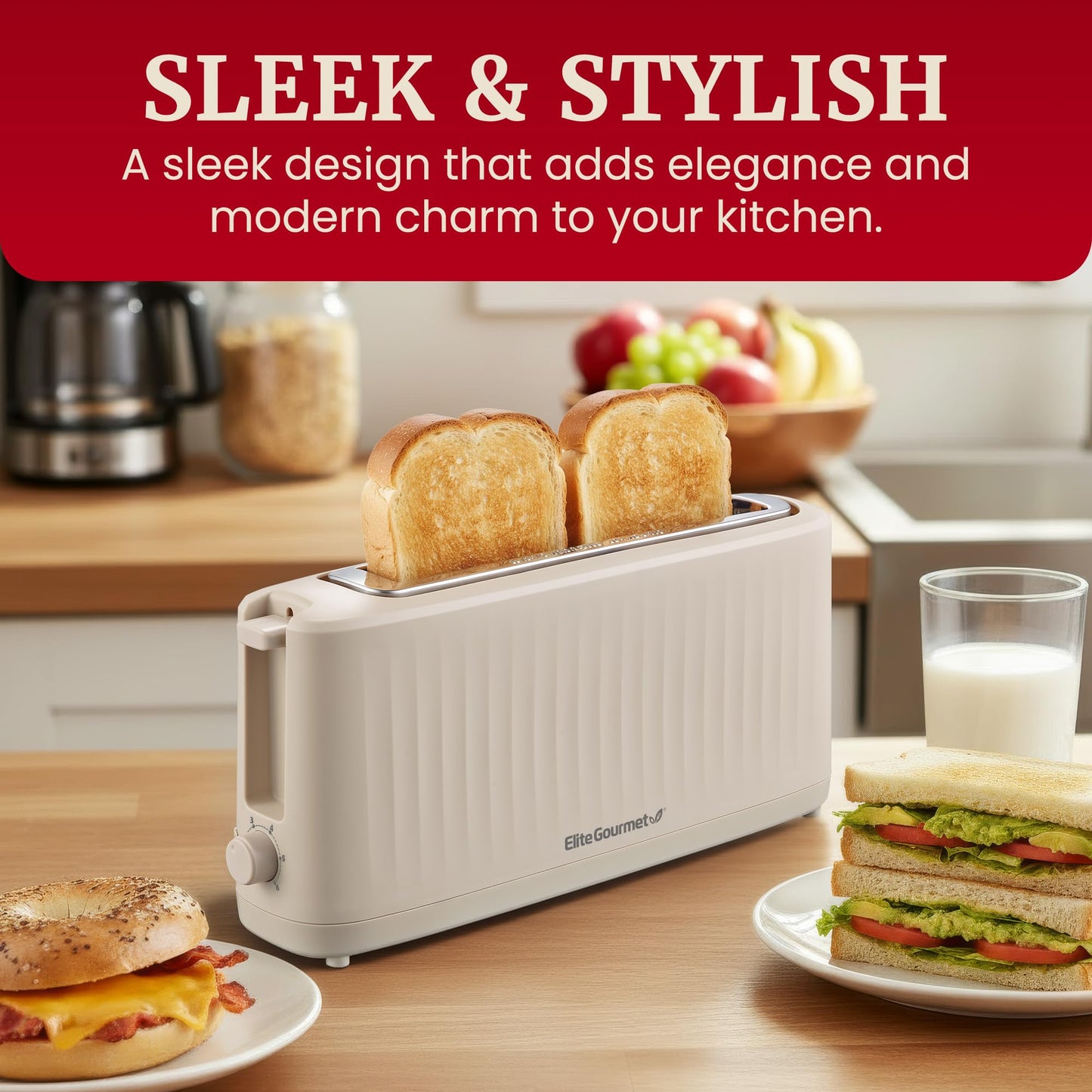 Elite Gourmet ECT2517C SLIMTOAST™ 2-Slice Long Slot Toaster, Cool-Touch Body, 6 Browning Shades, Extra-Wide 1.5" Slot for Artisan Bread, Bagels, Waffles & English Muffins, Cremello