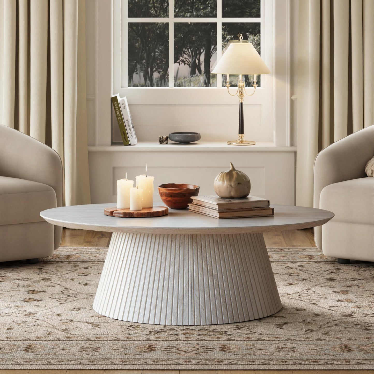win2win Oval Coffee Table, Mid Century Modern Coffee Table with Fluted Design, Small Funky Tea Table with Wood Grain Veneer, Minimalist Center Table for Living Room, Apartment, Office, Walnut