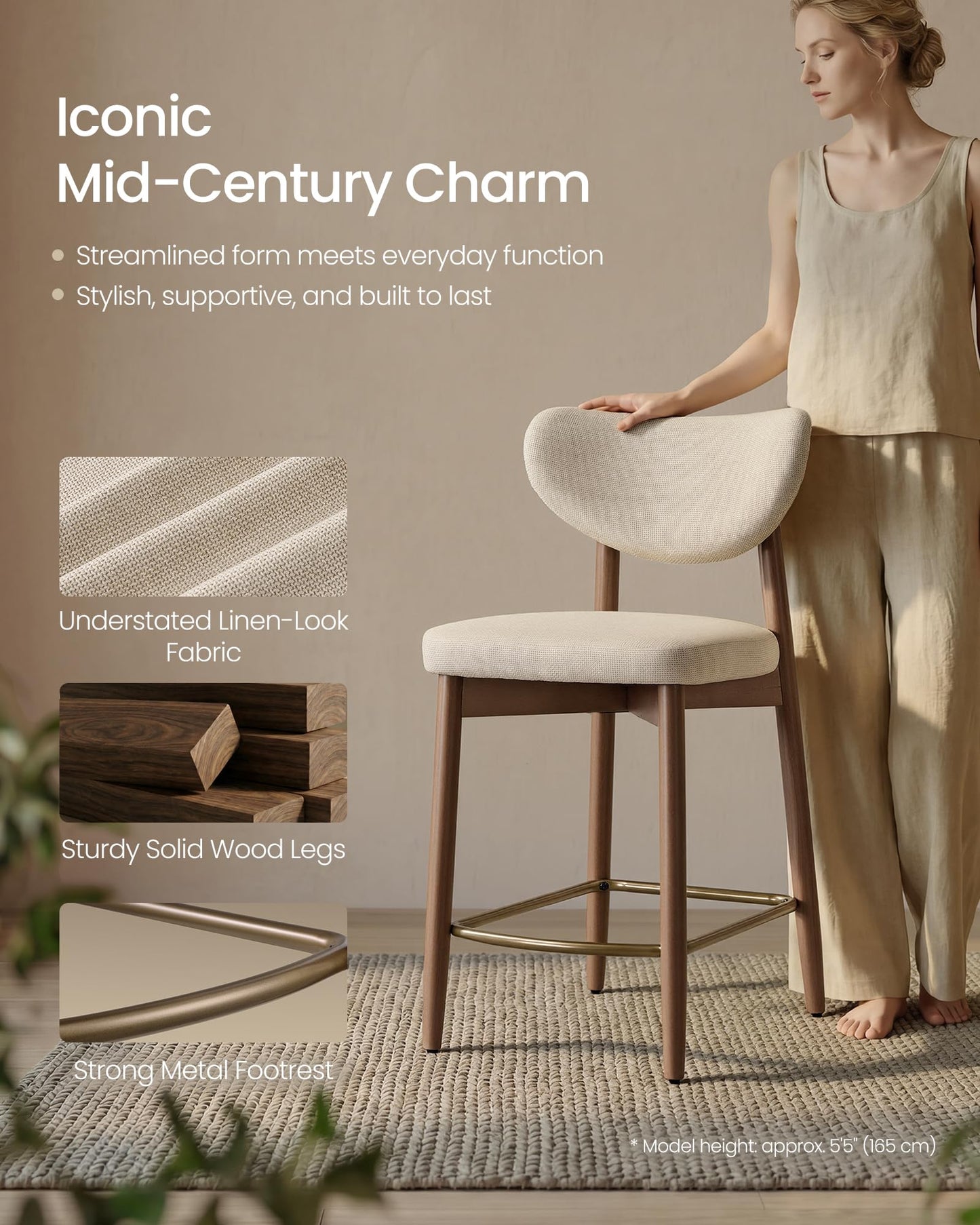 VASAGLE Wooden Bar Stools Set of 2, Upholstered Counter Height Barstools with Solid Wood Legs, Ergonomic Backrest, Mid Century Modern, for Kitchen Island, Linen-Look Fabric, Cappuccino Beige