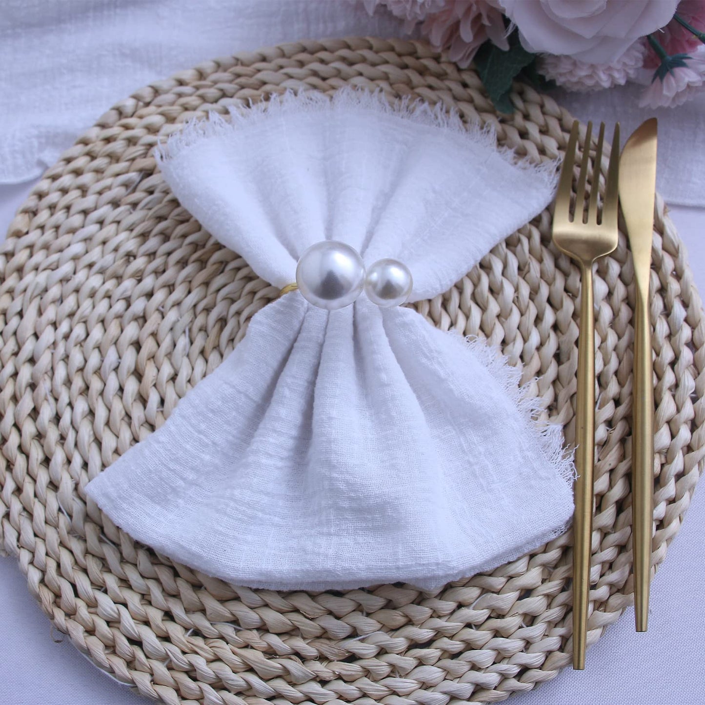 Cloth Napkins with Fringe Set of 12,100% Soft Cotton, Gauze Washable Easter Napkins for Wedding Decorative Dinner Parties, Valentine's Day (16''*16'') Light Blue
