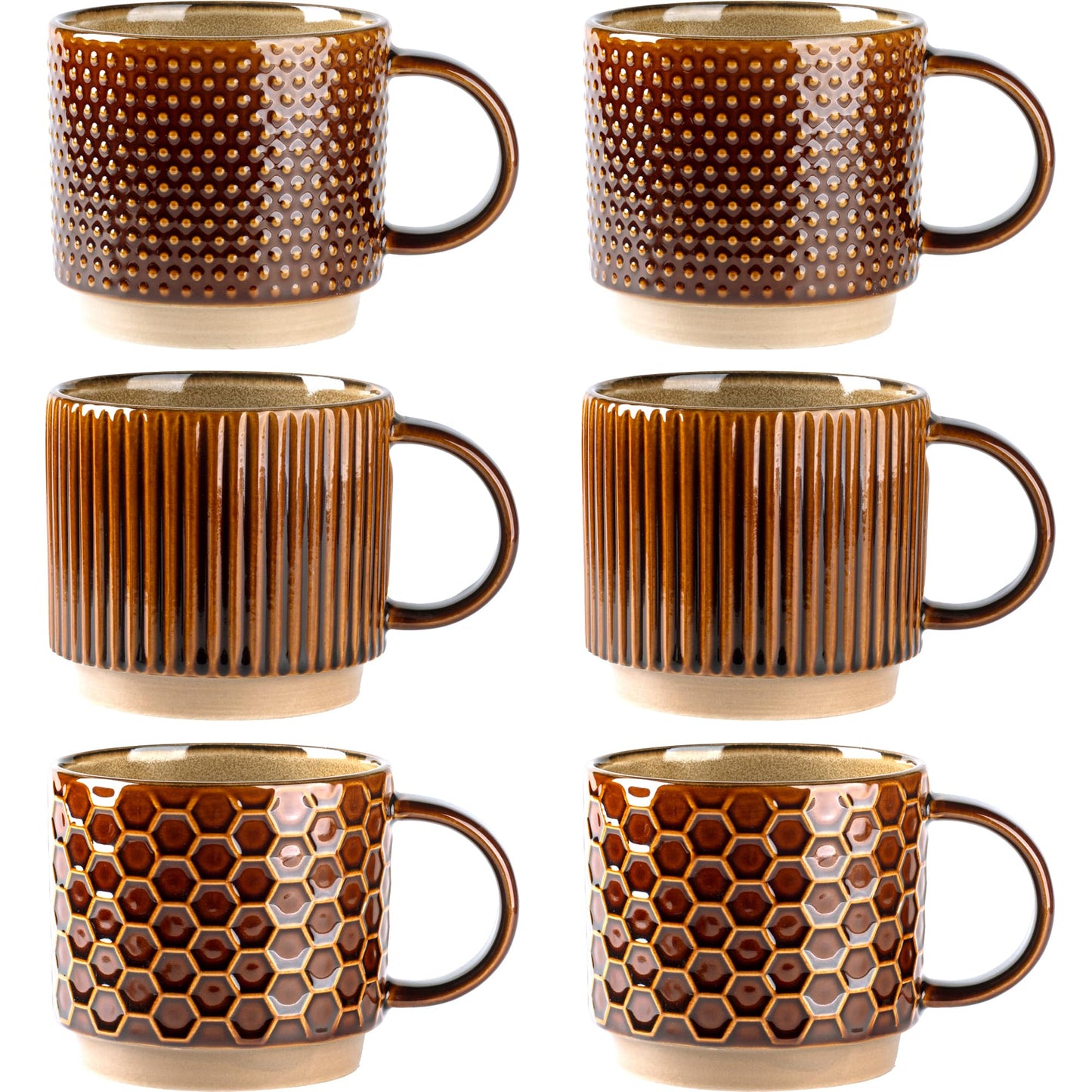 GBhome 12OZ Stackable Coffee Mugs, Ceramic Coffee Mugs with Texture Patterns for Man,Woman,Dad,Mom, Modern Coffee Mugs Set of 4 for Latte/Cappuccino/Cocoa. Dishwasher&Microwave Safe, Pale Khaki