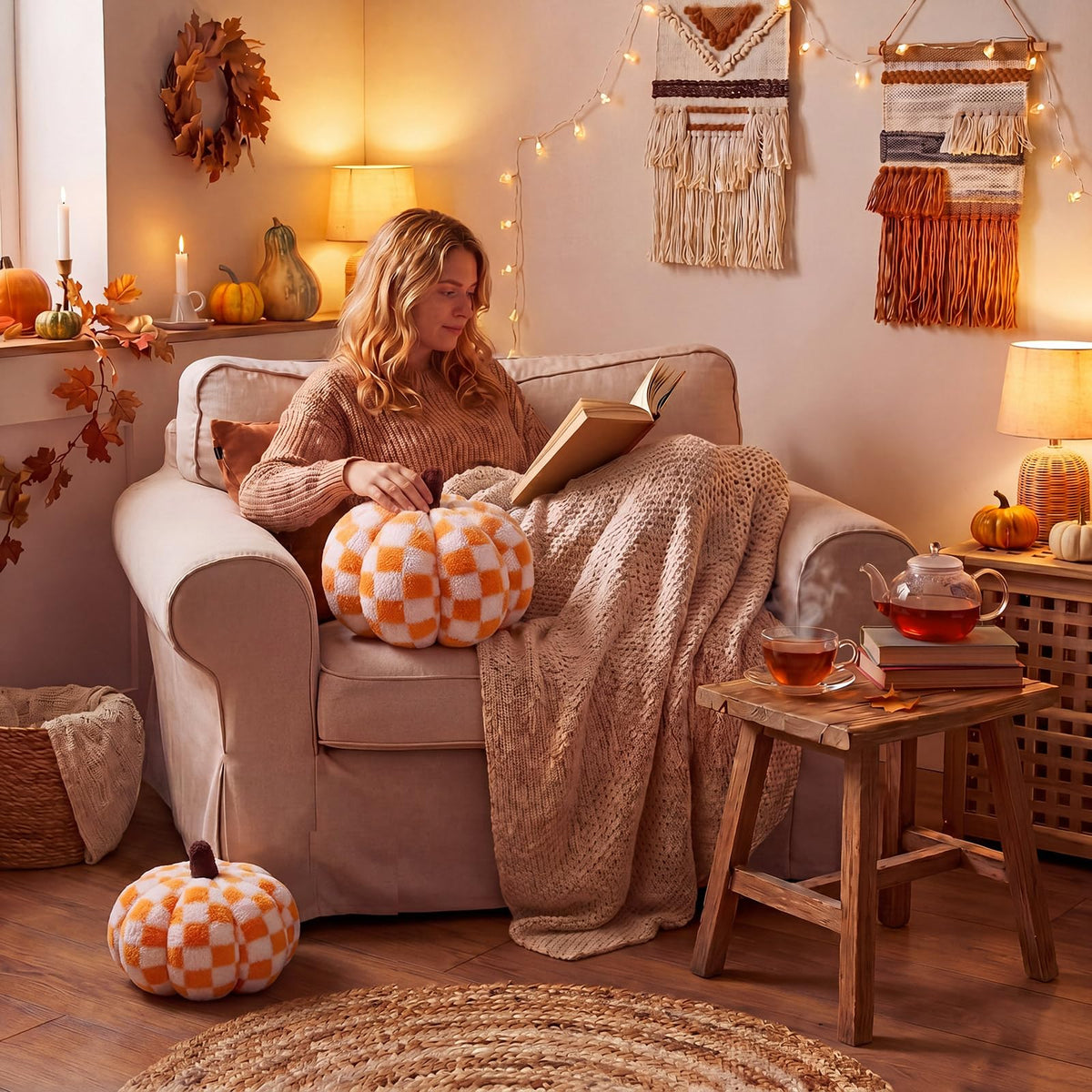 2 Pcs Pumpkin Pillows Brown White Checkerboard