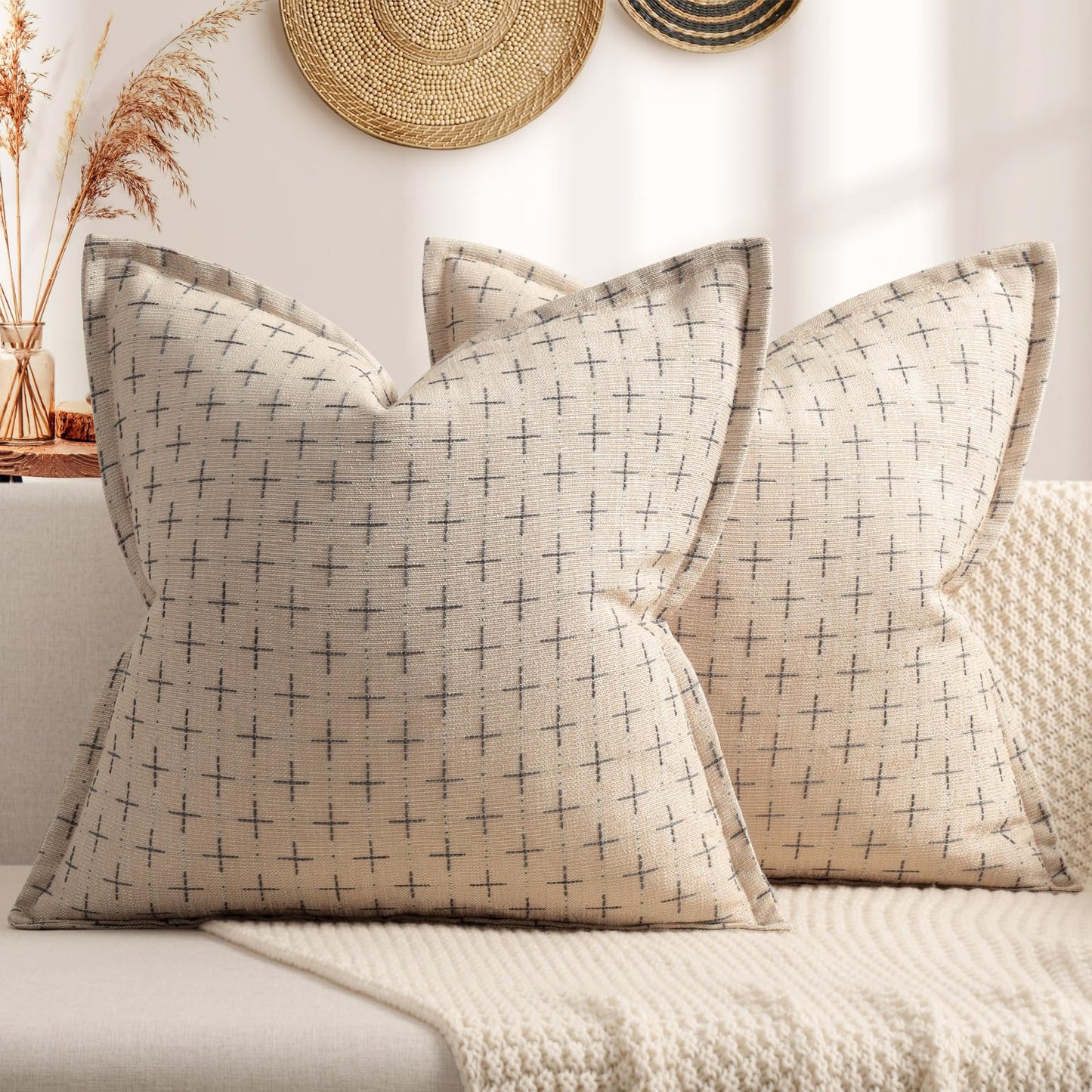 ZWJD Pillow Covers 18x18 Set of 2 Soft Polyester Textured Pillow Covers with Stylish Flange Edge Cozy Farmhouse Throw Pillows for Couch Bed Sofa Living Room