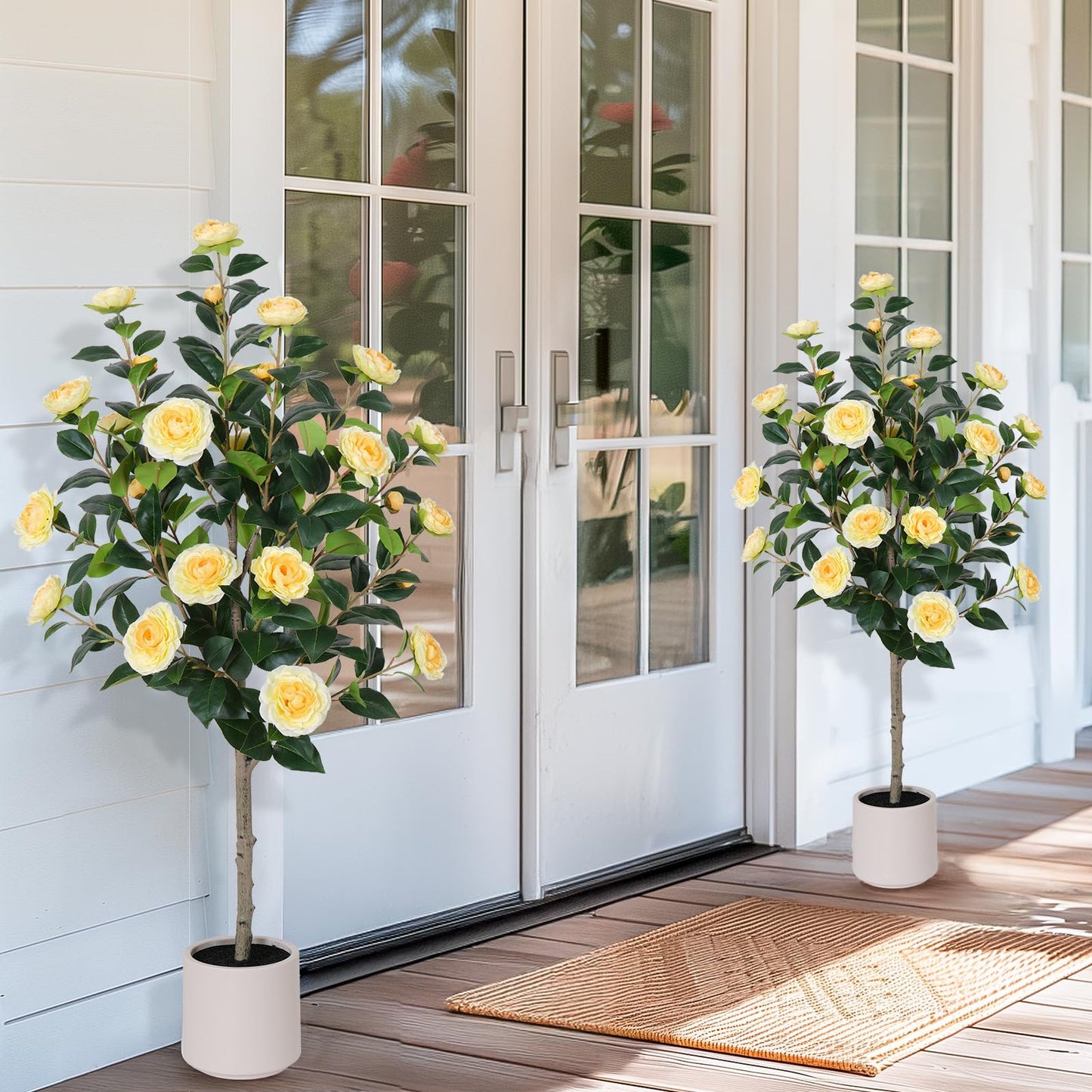 Yepdin 63 inch Artificial Camellia Tree with White Flower Pots - White Fake Tree,5 Ft Faux Plants Indoor wich Blooming,Artificial Plants for Indoor & Outdoor Home Front Door Decor