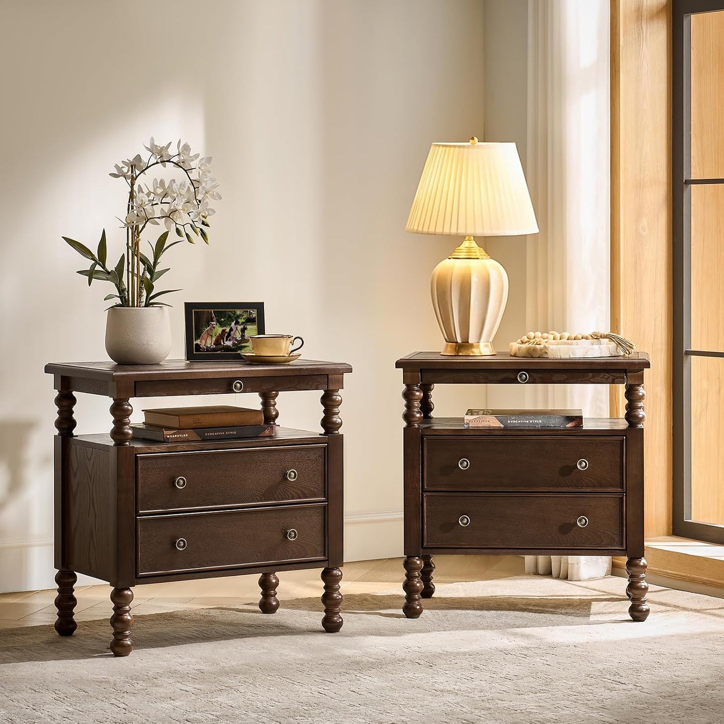 26" End Table with Charging Station and Transitional 2 Drawer Wood