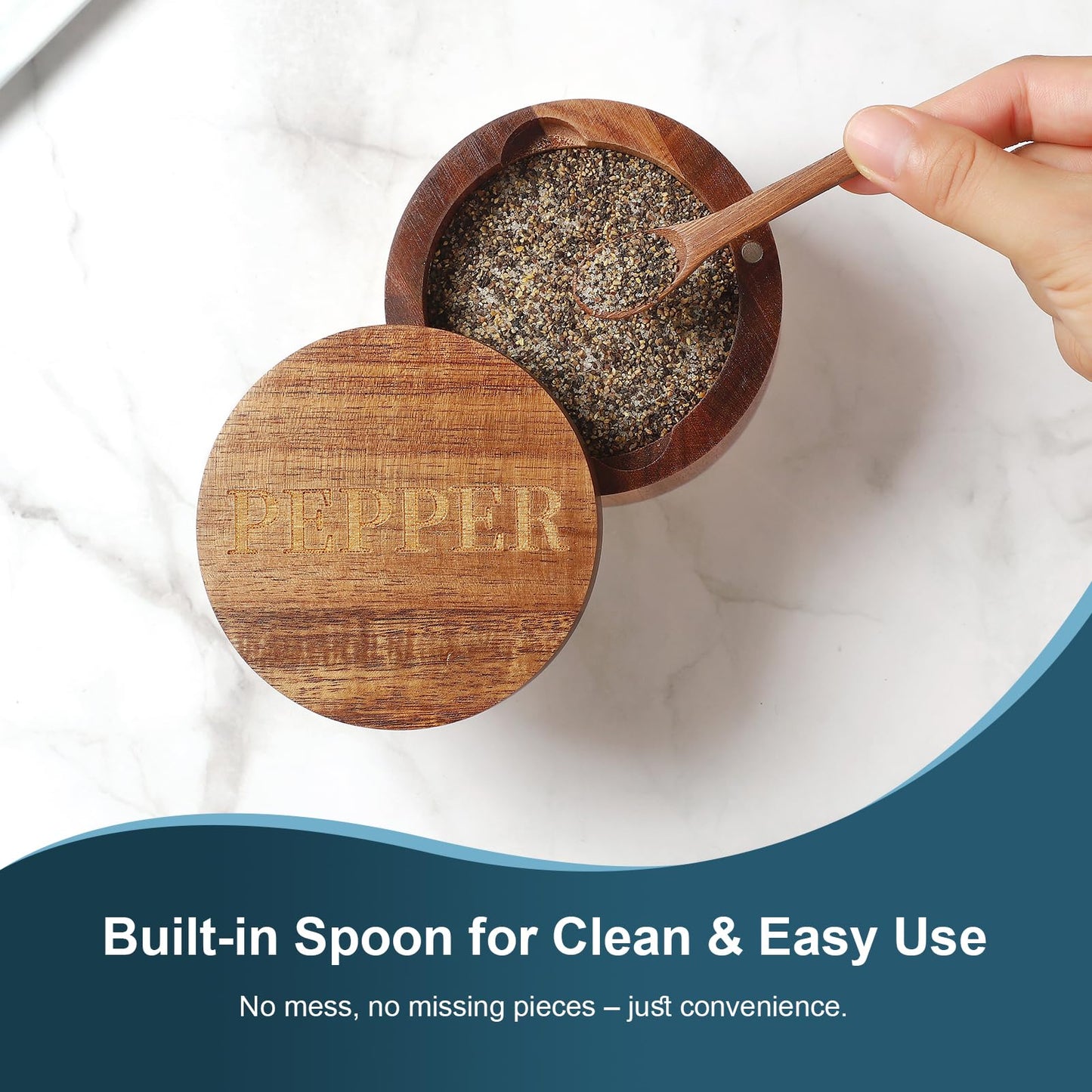 Timtopno Salt Cellar, Acacia Wood Salt Container with Built-in Spoon & Swivel Lid, Engraved SALT Box, Salt Holder Bowl for Countertop Seasoning Storage