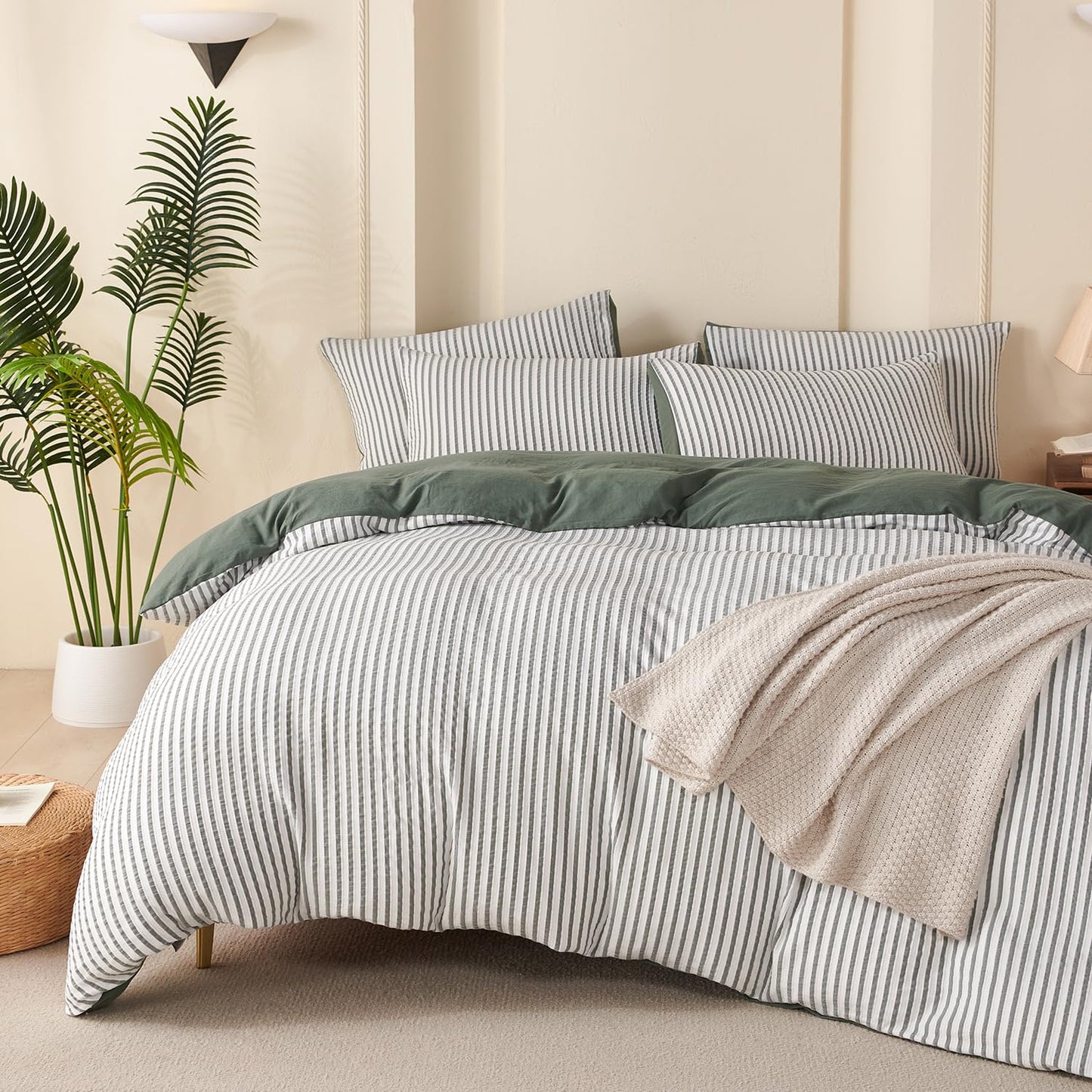 Striped Duvet Cover Queen Beige Washed Microfiber Jacquard 3 Pieces Bedding Set, White Beige Vertical Ticking Stripes Pattern Comforter Cover with Zipper Closure Breathable Durable Soft Comfy