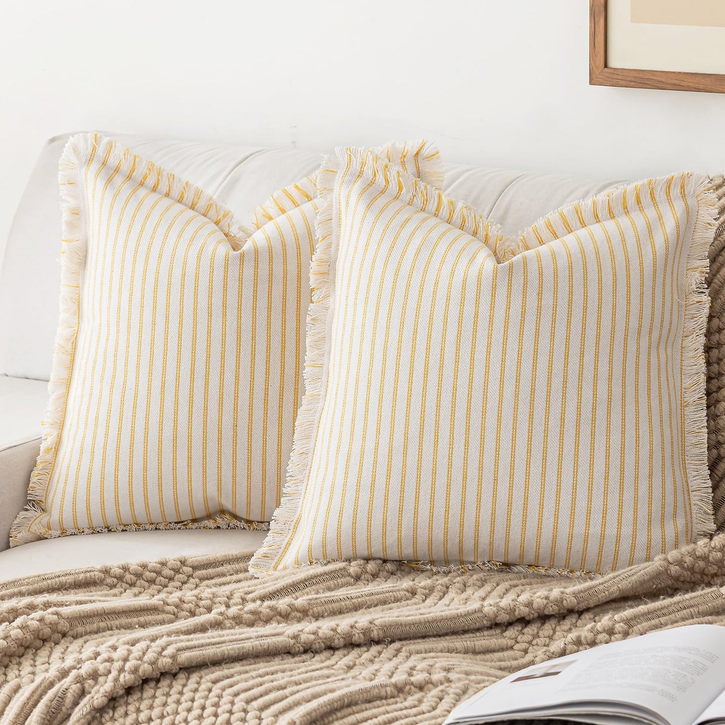 Throw Pillow Covers 18x18 Set of 2 Striped Fringe