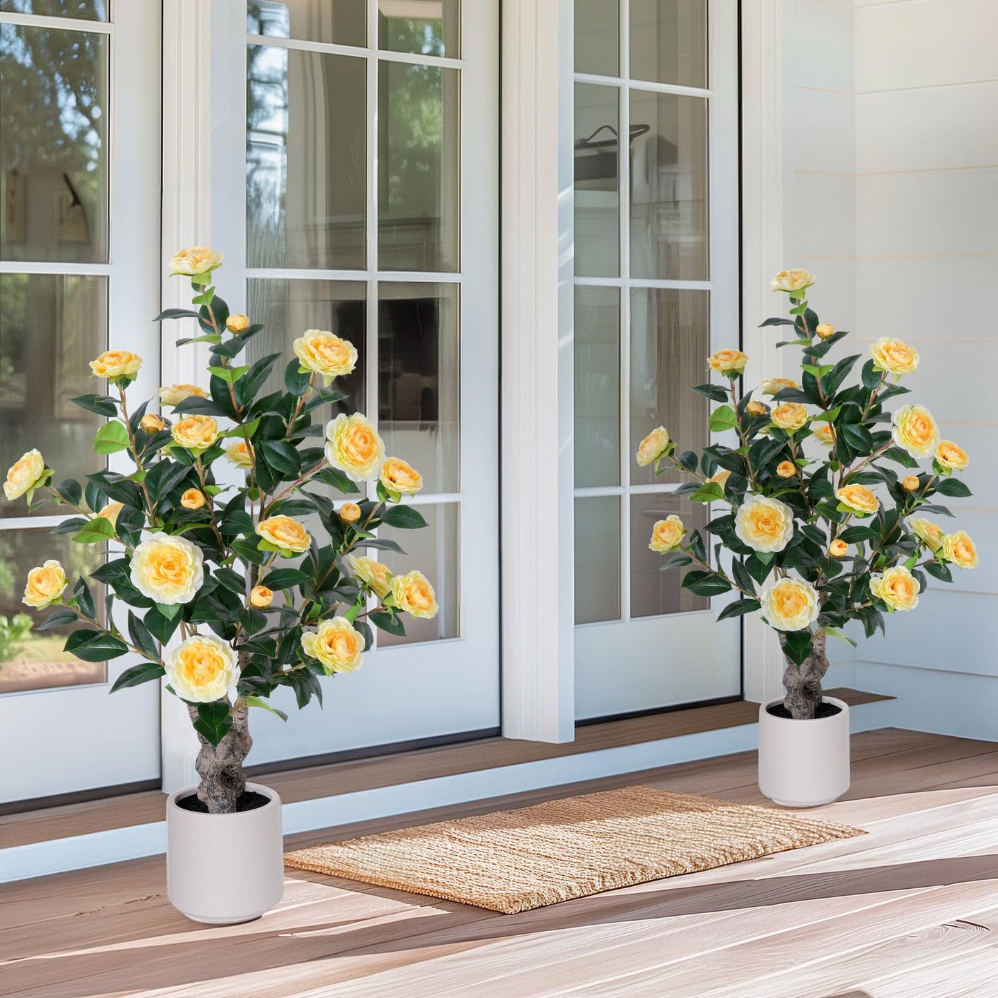 Yepdin 63 inch Artificial Camellia Tree with White Flower Pots - White Fake Tree,5 Ft Faux Plants Indoor wich Blooming,Artificial Plants for Indoor & Outdoor Home Front Door Decor