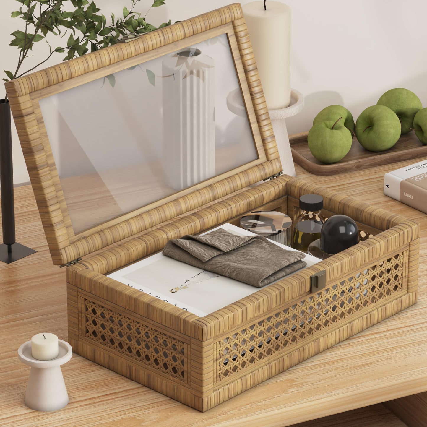 Rattan Decorative Box,Boho Display Boxes with Lids,Set of 2 Rectangular Wicker Storage Decoration,Natural Woven Cane Bins for Home Decor for Rustic Farmhouse(Yellow and Black)