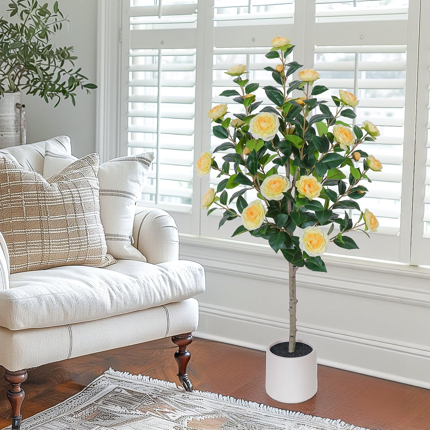 Yepdin 63 inch Artificial Camellia Tree with White Flower Pots - White Fake Tree,5 Ft Faux Plants Indoor wich Blooming,Artificial Plants for Indoor & Outdoor Home Front Door Decor