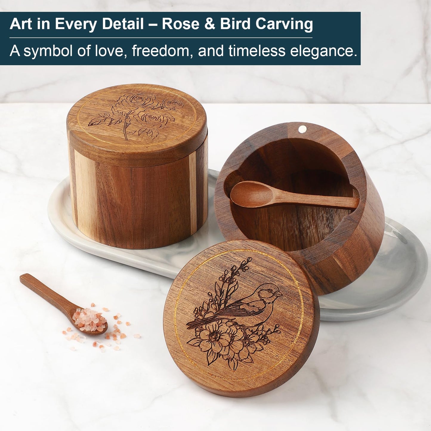 Timtopno Salt Cellar, Acacia Wood Salt Container with Built-in Spoon & Swivel Lid, Engraved SALT Box, Salt Holder Bowl for Countertop Seasoning Storage