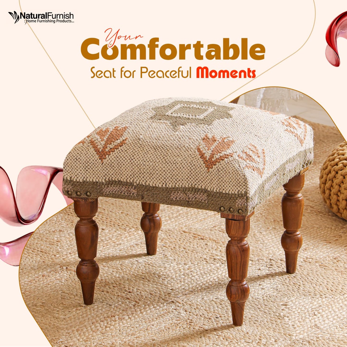 Handmade Jute Ottoman Stool with Wooden Legs