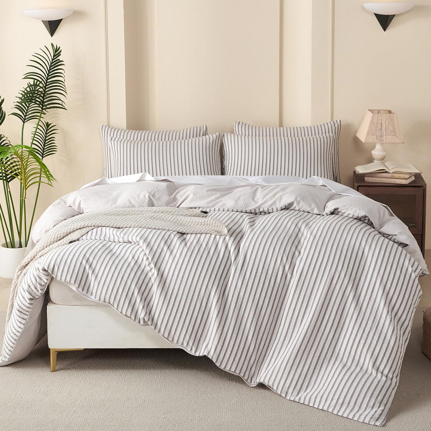 Striped Duvet Cover Queen Beige Washed Microfiber Jacquard 3 Pieces Bedding Set, White Beige Vertical Ticking Stripes Pattern Comforter Cover with Zipper Closure Breathable Durable Soft Comfy