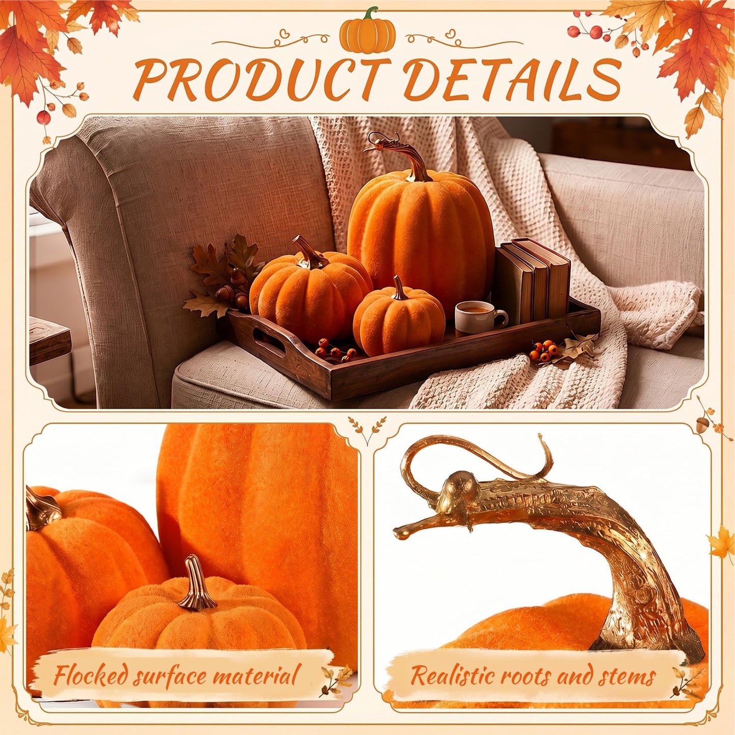 3 Pcs Velvet Pumpkin Decor