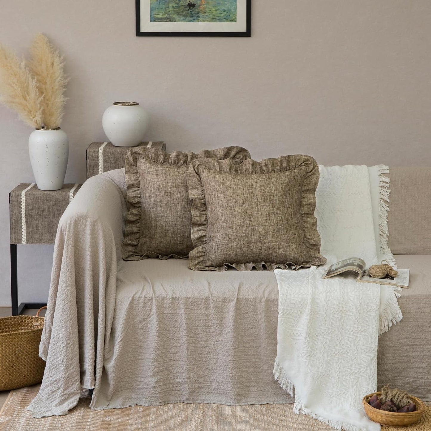 Rustic Classic Linen Style Throw Pillow Covers Set of 2