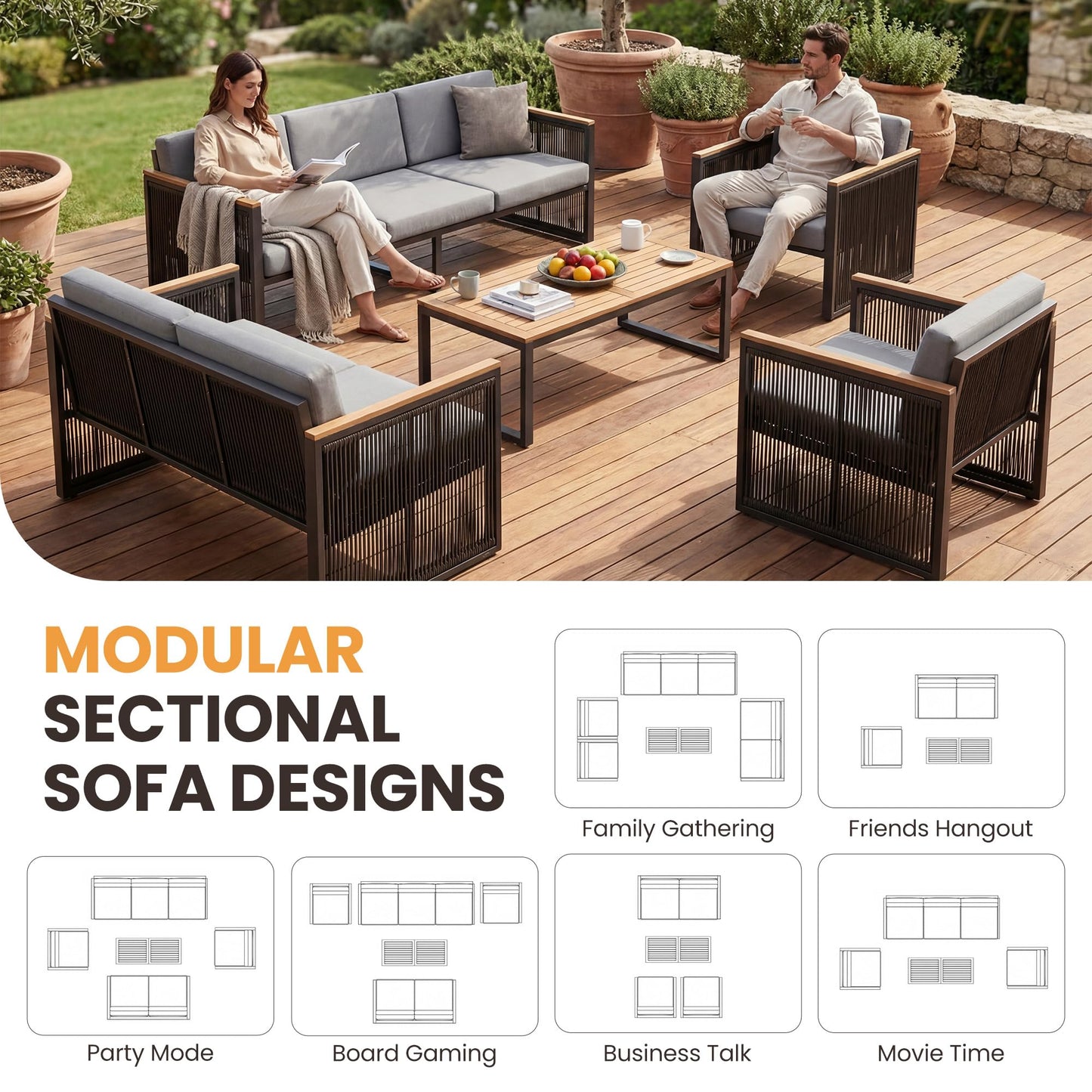 5 Piece Patio Conversation Set for 7, Modular Patio Sofa Couch with Cushions, Rattan Outdoor Patio Furniture Set with Loveseat/Coffee Table, Outdoor Sectional Furniture for Deck/Porch, Beige