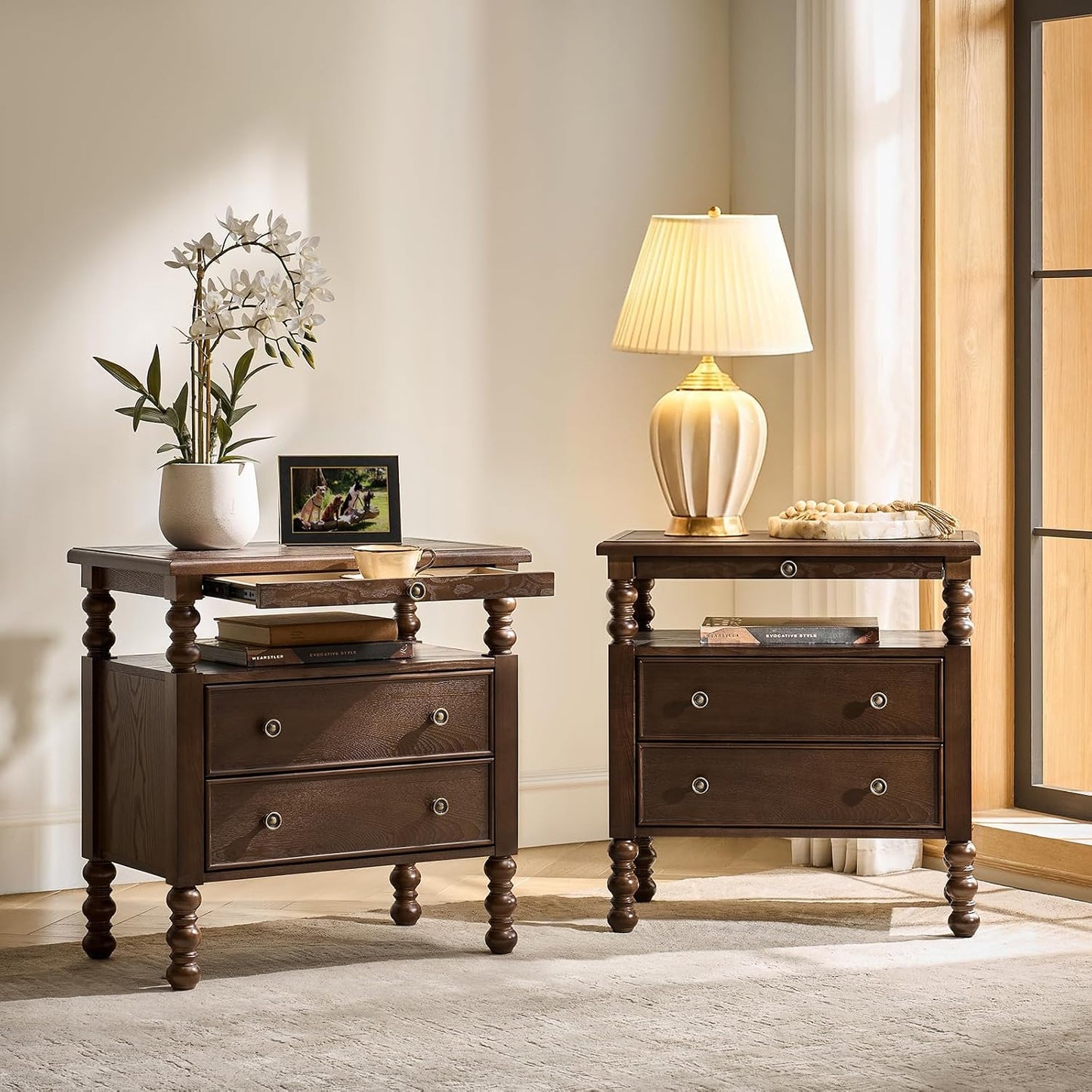 26" End Table with Charging Station and Transitional 2 Drawer Wood
