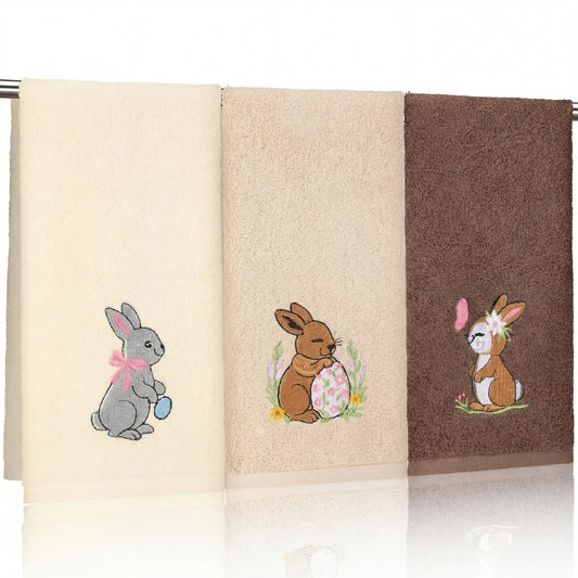 3 Pcs Easter Hand Towels for Bathroom Bunny Egg Embroidered Cotton Kitchen Towels Rabbit Flower Dishcloth 13.3" x 29.5" Easter Kitchen Decors for Housewarming Spring Gift(Beige Brown)