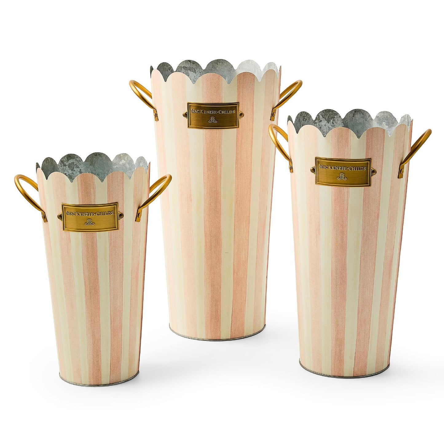 MACKENZIE-CHILDS Set of 3 Galvanized Flower Buckets, Decorative Metal Buckets, Black-and-White Courtly Stripe