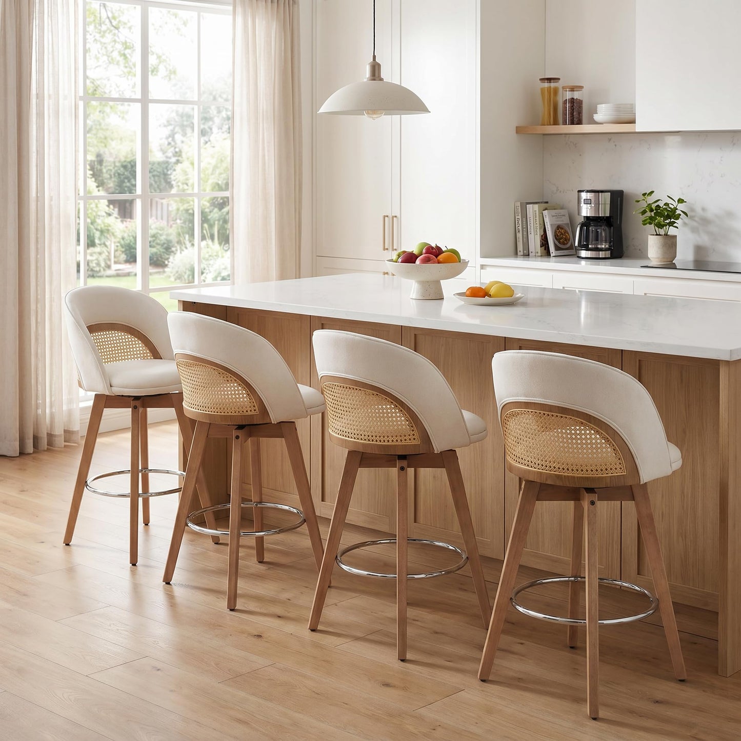 EALSON Bar Stools Set of 4, 26" Swivel Barstools with Rattan Backrest, Modern Faux Leather Upholstered Counter Height Bar Stools with Wood Legs & Bronze Footrest for Kitchen Island/Living Room, Brown