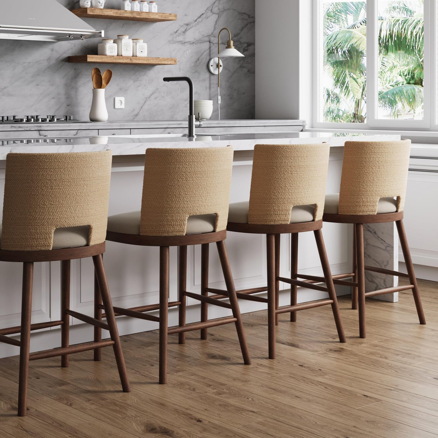 Nathan James Rikki Seagrass Bar Stool with Back, 2-Pack Boucle Counter Stool with Upholstered Seat, Solid Wood Frame, and Woven Seagrass Backrest